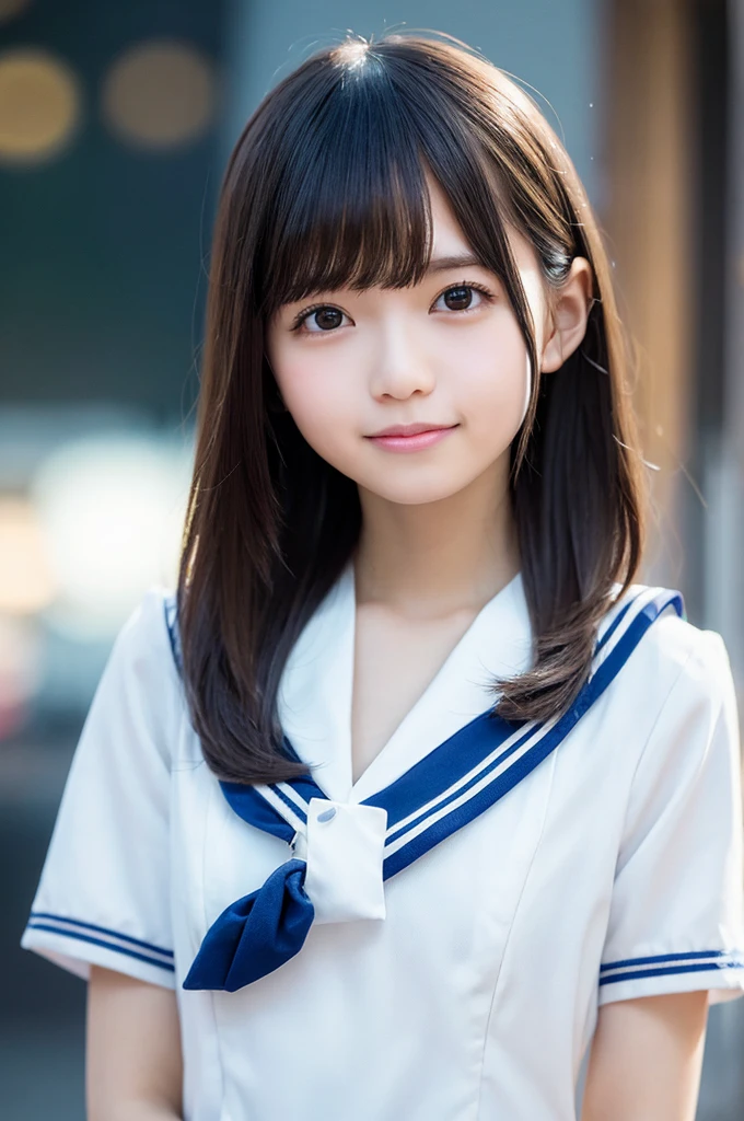 table top, highest quality, 8K, 18 year old student, Ten generations, RAW photo, absurd, award-winning portraits, smile, alone, night, neon, idol face, delicate girl, Upper body, Digital single-lens reflex camera, looking at the viewer, Frank, Sophisticated, thin arms, professional lighting, film grain, chromatic aberration, (Eye and face details:1.0), (Bokeh:1.1) , sailor suit , close your mouth , short hair , long hair
