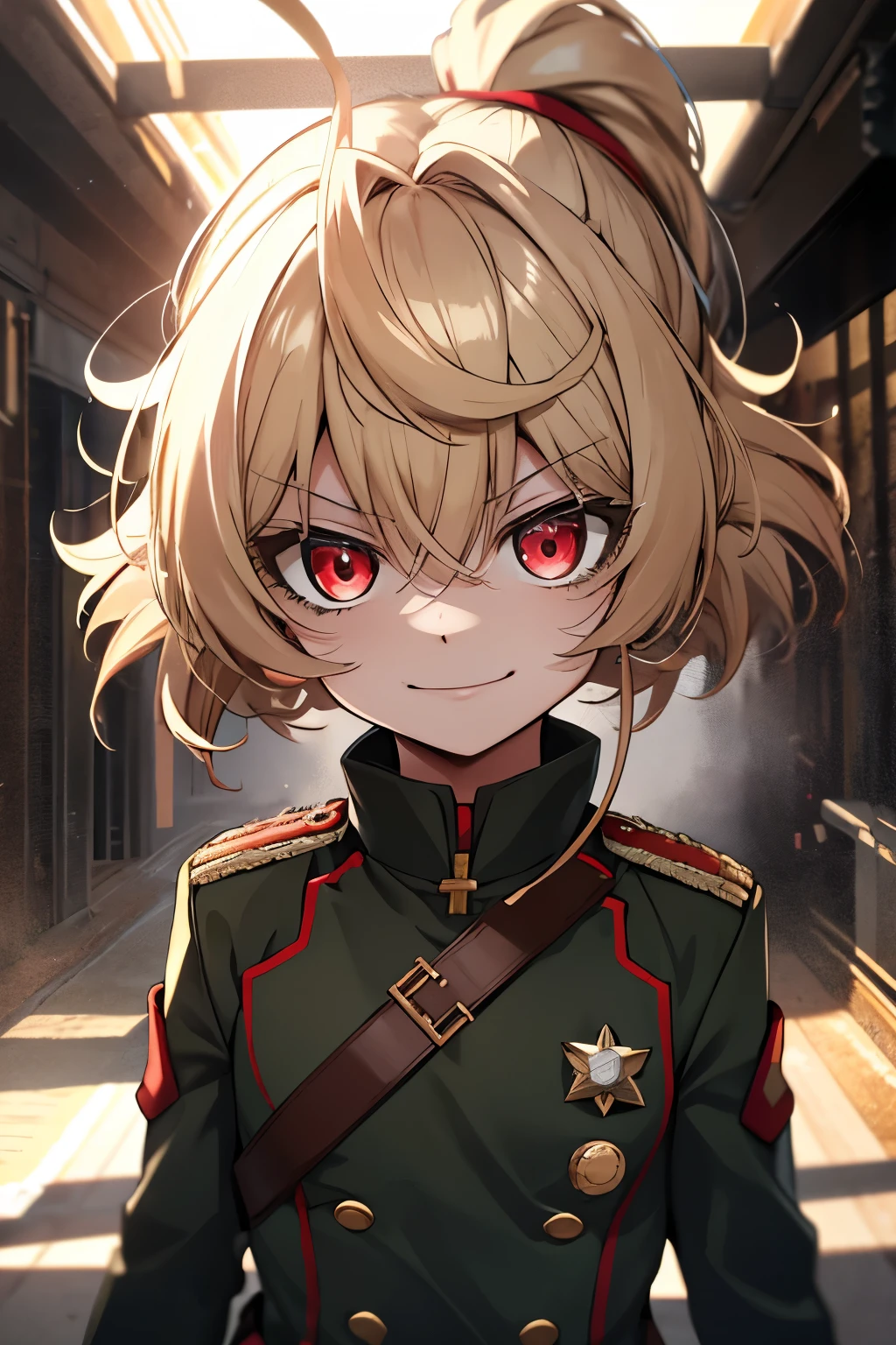 (masterpiece, best quality: 1.1), 1girl solo, tanya, 1girl, solo, petite, flat chest, small breasts, curvy, military, military uniform, ,, evil smile, wicked expression, anger, red eyes, neutral lighting