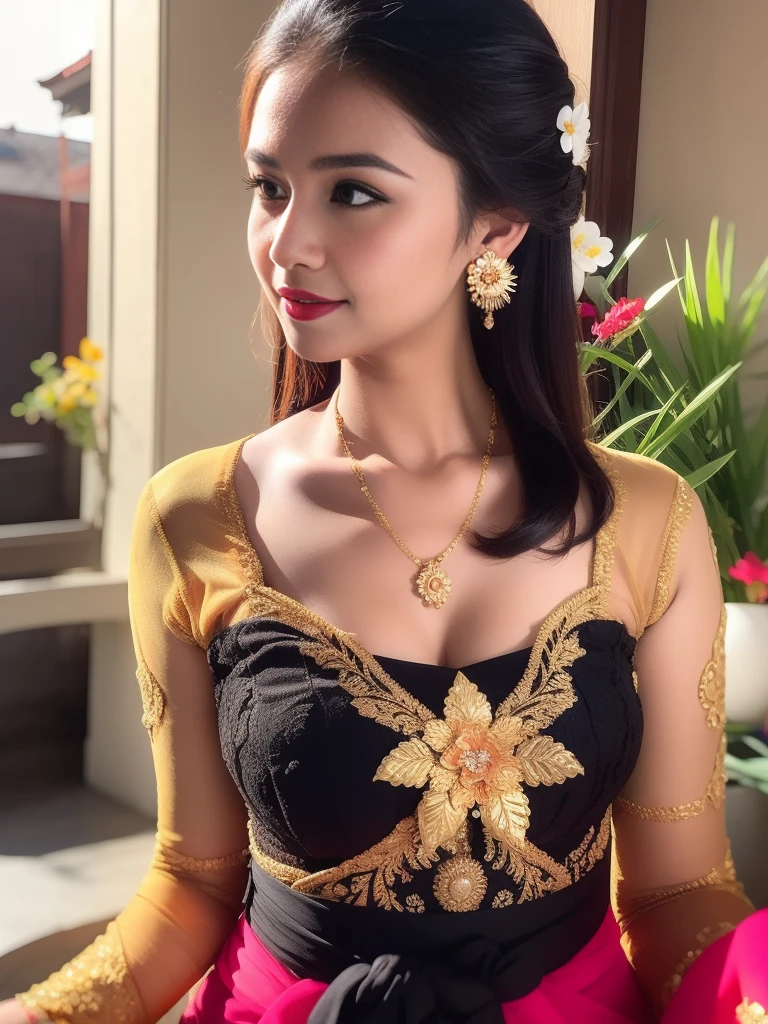 photography, woman,  portrait of woman wearing kebaya_bali in black long kebaya dress traditional, red lipstick, golden necklace, earrings, ornate, detail, flowers, blurry background, soft focus