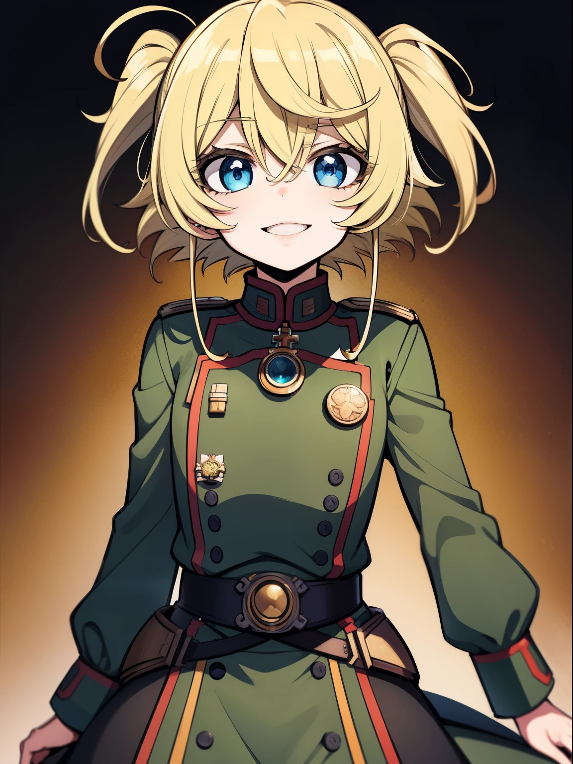tanya degurechaff, uniforne miitar, sorriso maligno, pequena estatura, olhos assassinos