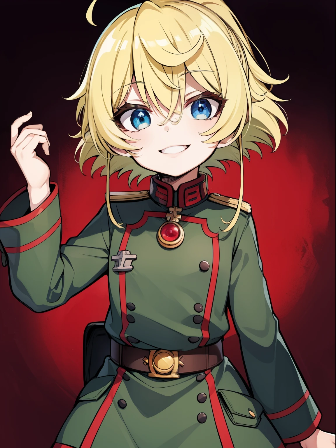 tanya degurechaff, uniforne miitar, sorriso maligno, pequena estatura, olhos assassinos