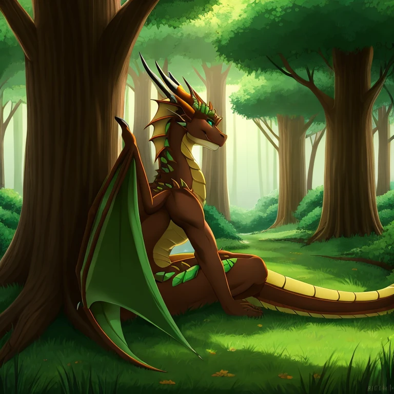 Dragon，green，brown，trees，Detailed character details