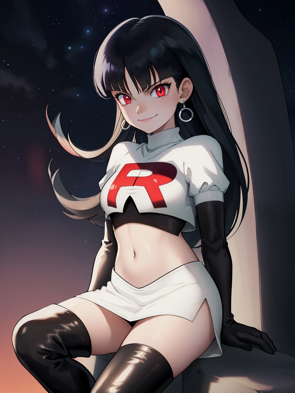 SabrinaPKMN, black hair ,glossy lips, earings ,team rocket uniform, red letter R, white skirt,white crop top,black thigh-high boots, black elbow gloves, closed mouth, evil smile, looking down on viewer, sitting down ,legs crossed, night sky background