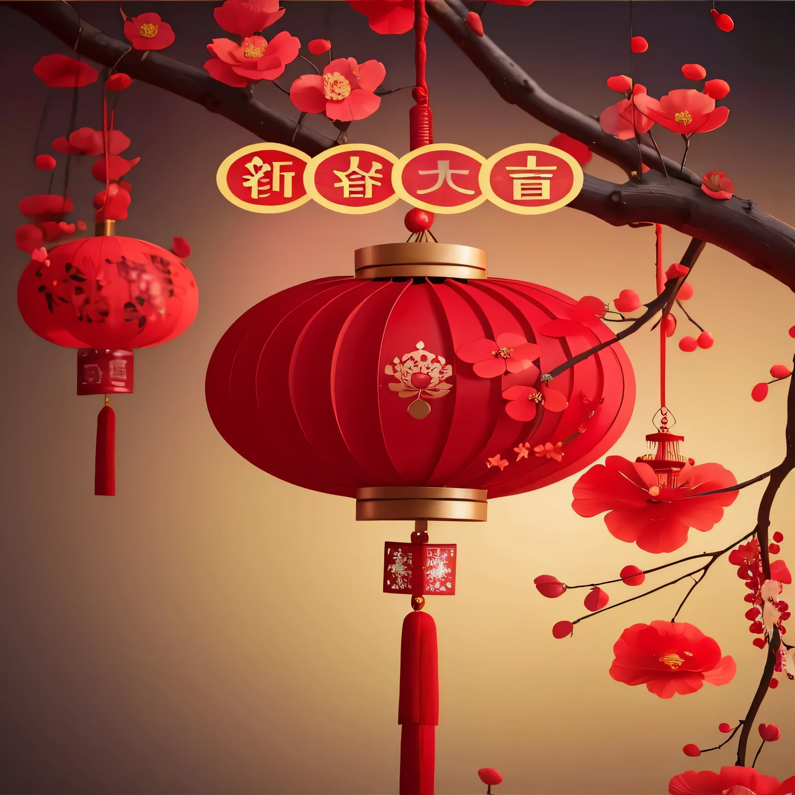 树枝上挂着的Red Lantern的特写, Red Lantern, Chinese style, , Chinese lantern, ,, with paper lanterns, red theme, floating chinese lampoons, Chinese Arts, Chinese painting style, Inspired by Puhua, bian lian, from china, traditional Chinese Arts