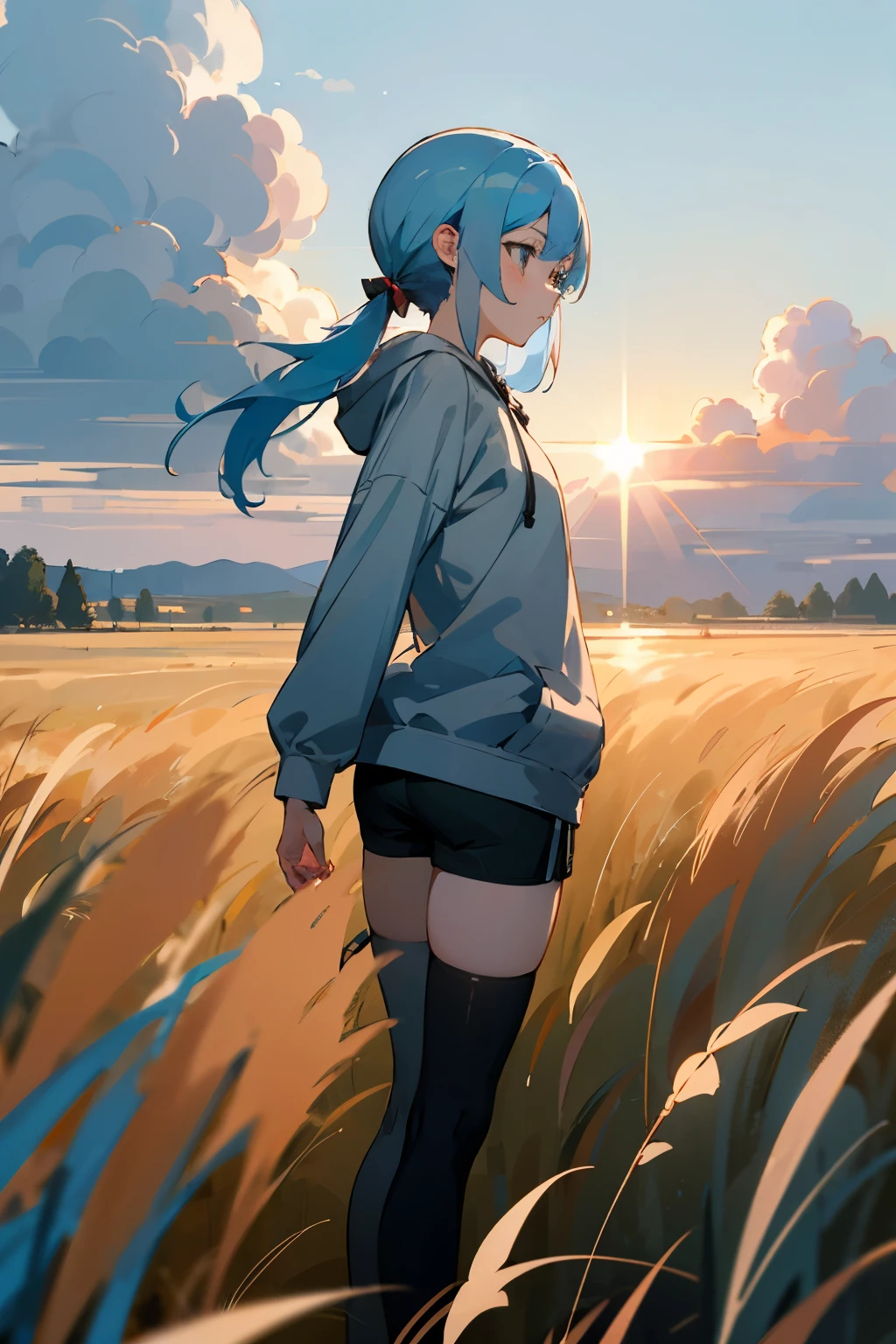 1 girl, short light blue hair with pigtails, gray light hoodie, black shorts, black thigh highs, small breast, small butt, sad and tired expresion, , outside, sunny field, anime clouds, half body, standing, (best quality)
