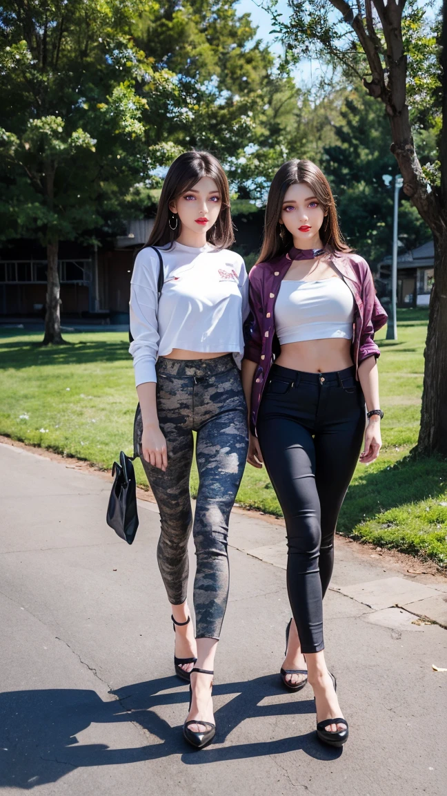 a girl and two girls wearing the camo pants, in the style of 32k uhd, emek golan, feminine body, simple, full body, hard-edge style, soft-edged 