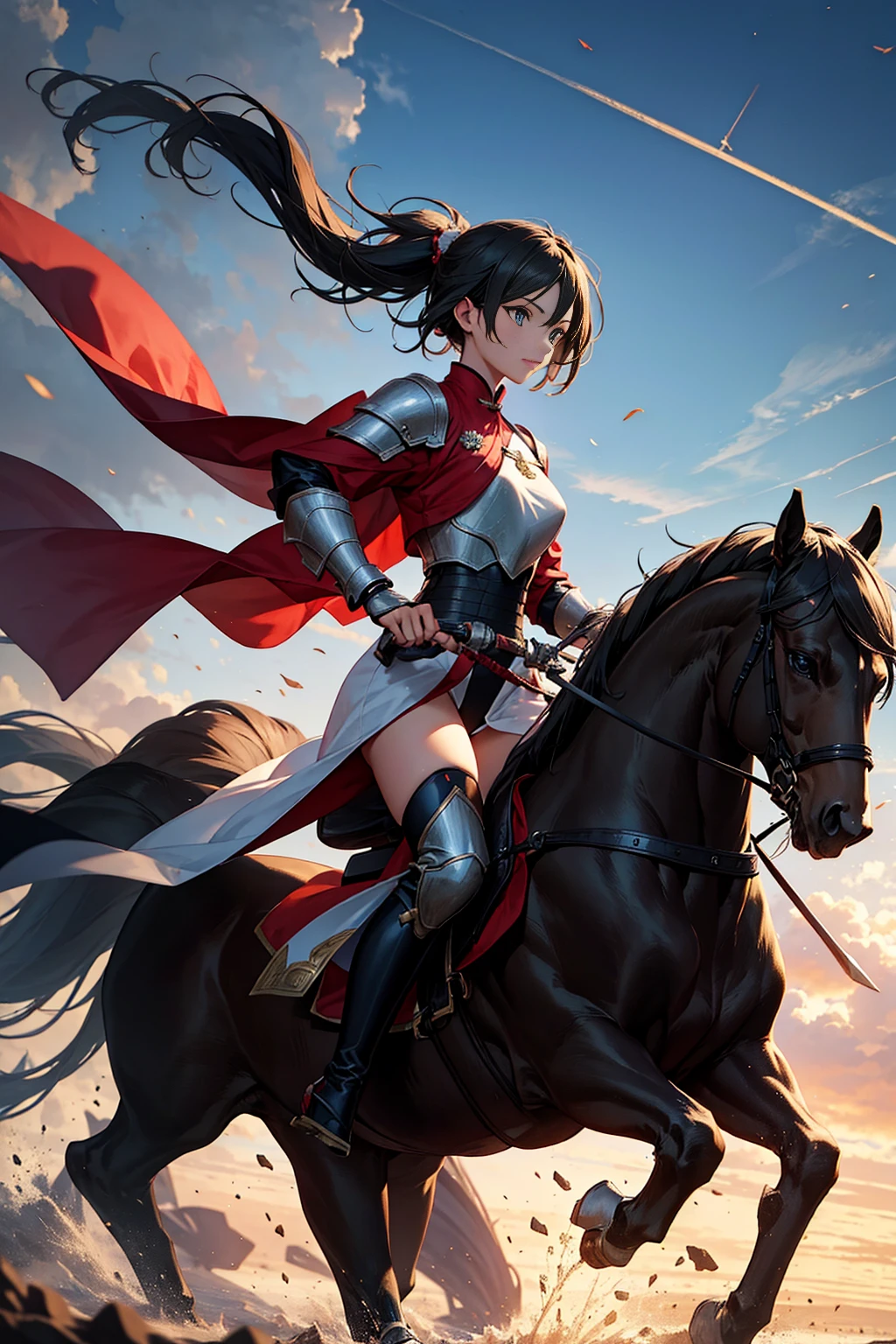 Female knight with short ponytail and long legs，flat style，The wind blows the ponytail，Wearing Chinese armor，Sword in hand，The armor contains the image of a Chinese dragon，The main color should not be too dark，No posture，riding a four-legged horse，Heroic and heroic，4K,high resolution,Long red gloves,Red boots,sharp vision，Background: Thousands of troops and bloody storms