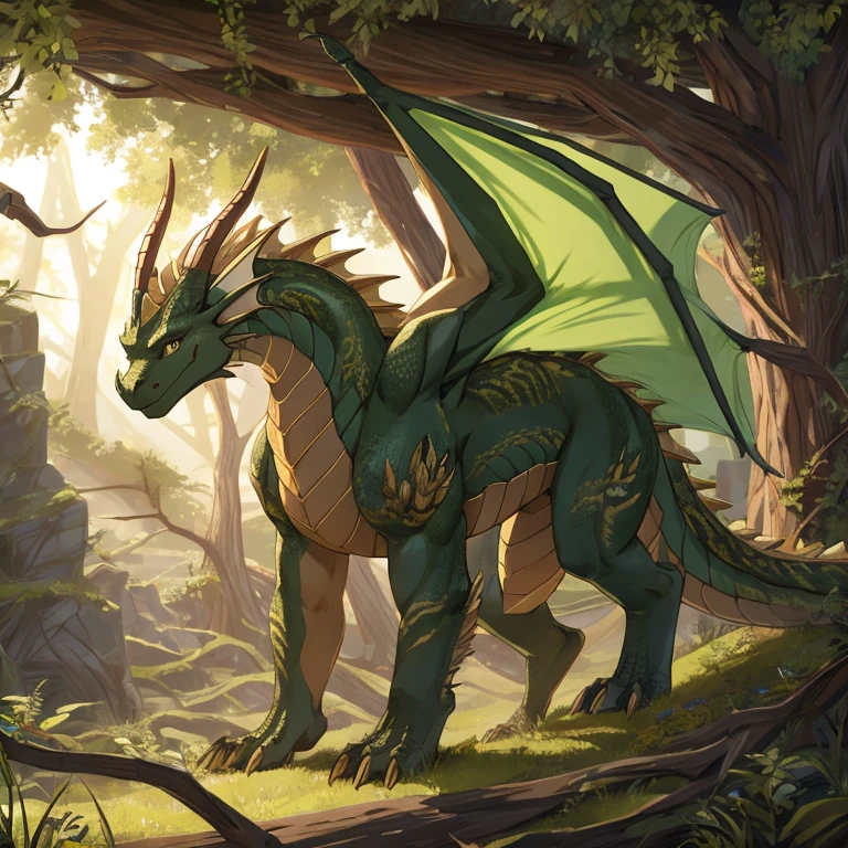 Wood dragon,green,brown,Roots grow around the body,Detailed character details