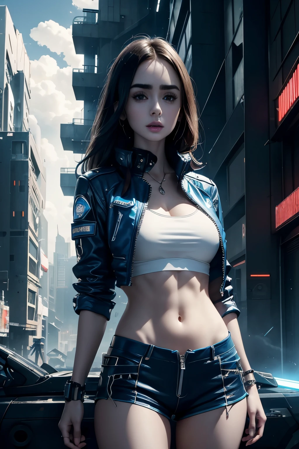 Lily Collins,Tall figure,skin,Upper body shorts,shorts,button,zipper,Complex workmanship,icon,company logo,Emit blue light,background with,future technology,cyberpunk city,Large mechanical building,big gear,doomsday ruins,giant tornado,Blue sky and white clouds