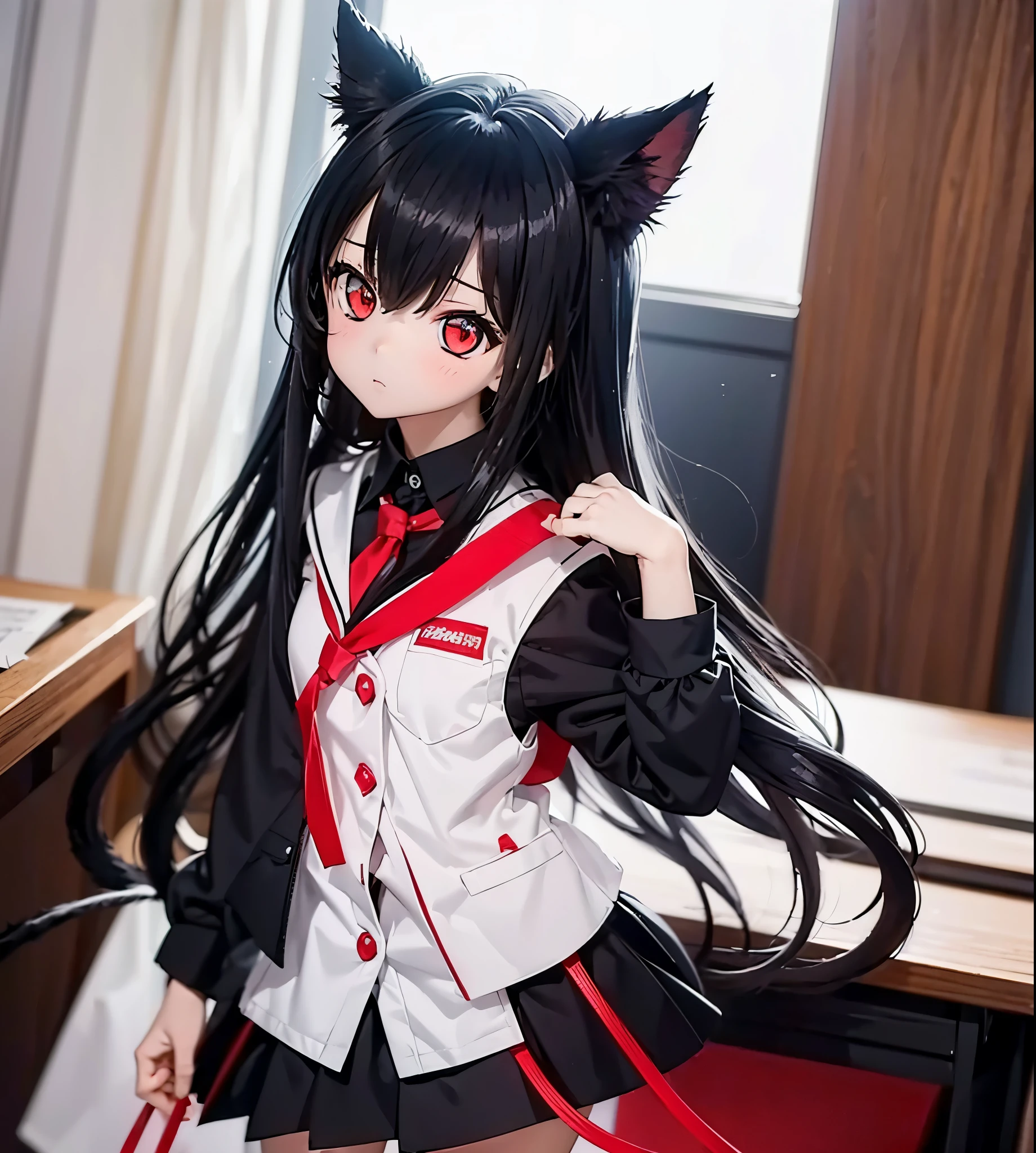 A girl,black hair,bright red eyes,wearing school uniform,upper body,cute face,cat ears and tail,without expression,classroom setting,looking at the viewers ((best quality, 8K, Masterpiece))