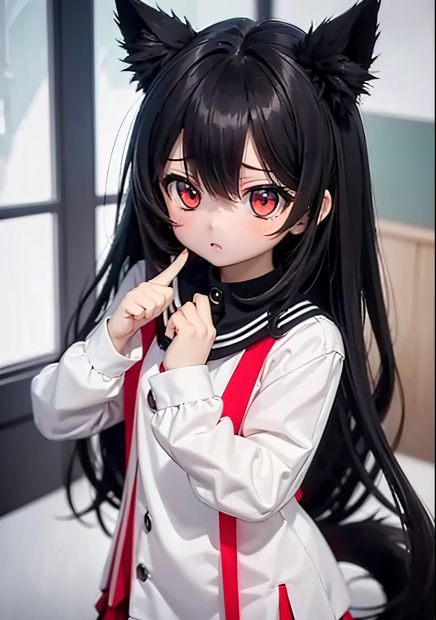 A girl,black hair,bright red eyes,wearing school uniform,upper body,cute face,cat ears and tail,annoyed expression,classroom setting,looking at the viewers ((best quality, 8K, Masterpiece)) 