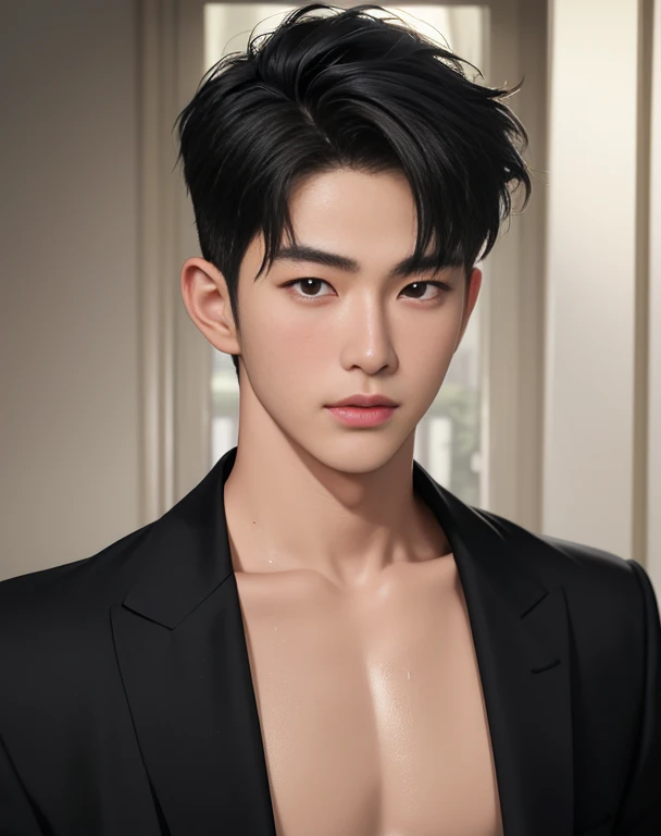 ((High quality)), ((masterpiece)), ((highly detailed)), perfect face, realistic, ((man)), ((Asian)), young, black hair, comma hair cut style, ((handsome)), detailed eyes, beautiful detailed nose, realistic body, realistic light, comfortable expressions, cute guy, sweat guy, cool guy, mascular body, shirtless