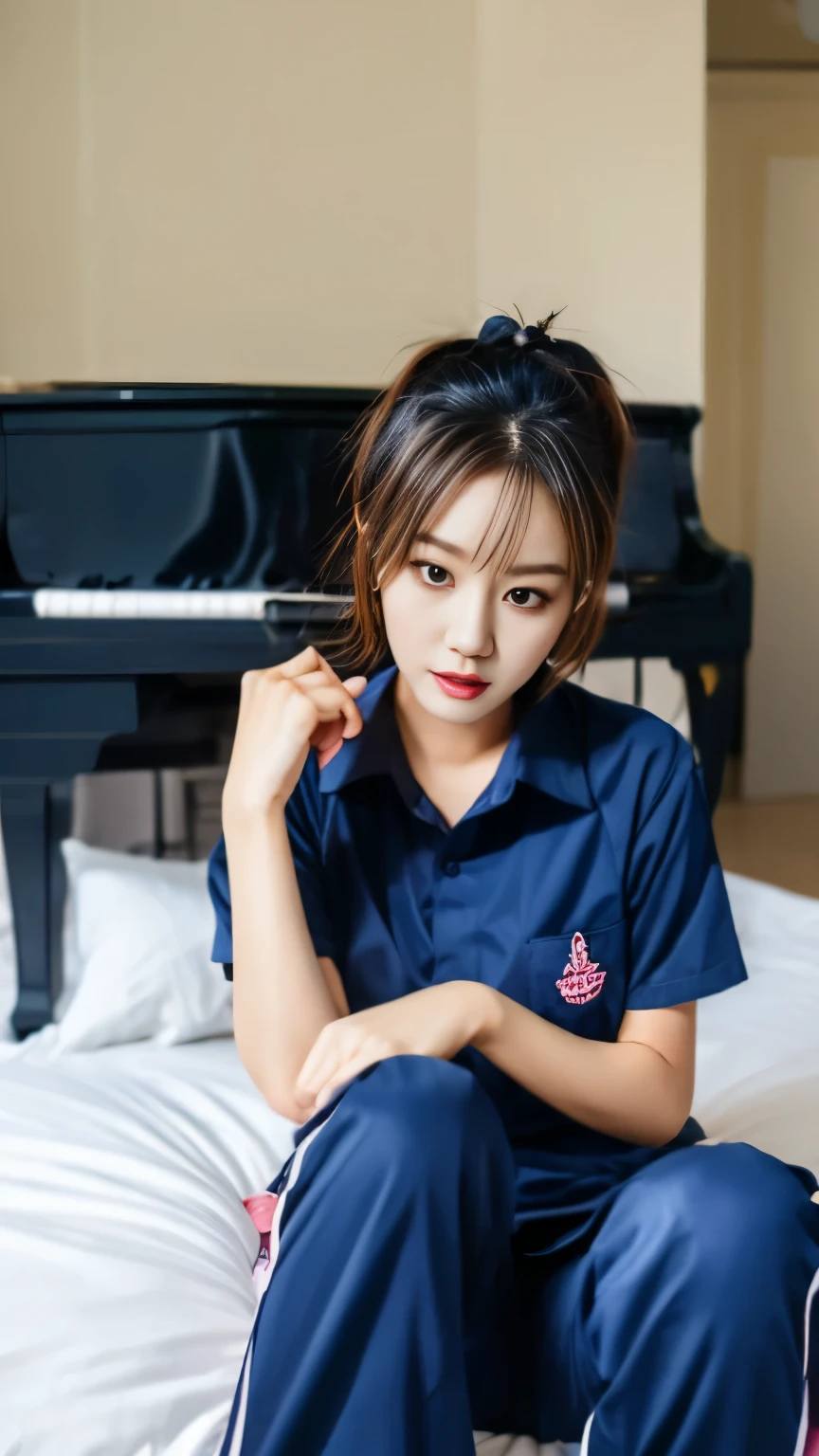 2 girls in the piano room, Navy blue short-sleeved shirt,Navy Long Trackpant,Sweatpants, Sweatpantsขายาว,25 year old girl, lesbian, sexy, lying in bed., exercise clothes