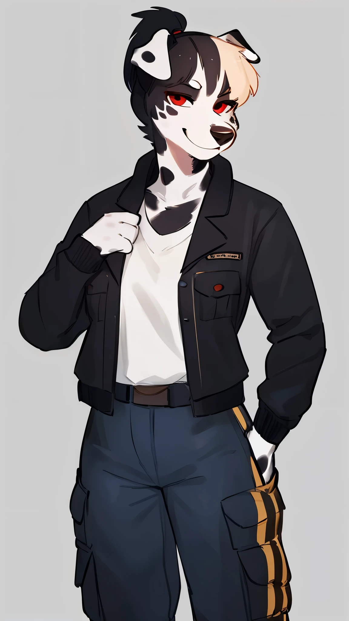 by bebebebebe, by lostgoose, by goonie-san, solo, female, (dalmation), snout, smirking, sassy, detailed eyes, standing, floppy ears, red eyes, pants, bald, dark denim jacket, black undershirt, tight cargo pants, ponytail, short hair