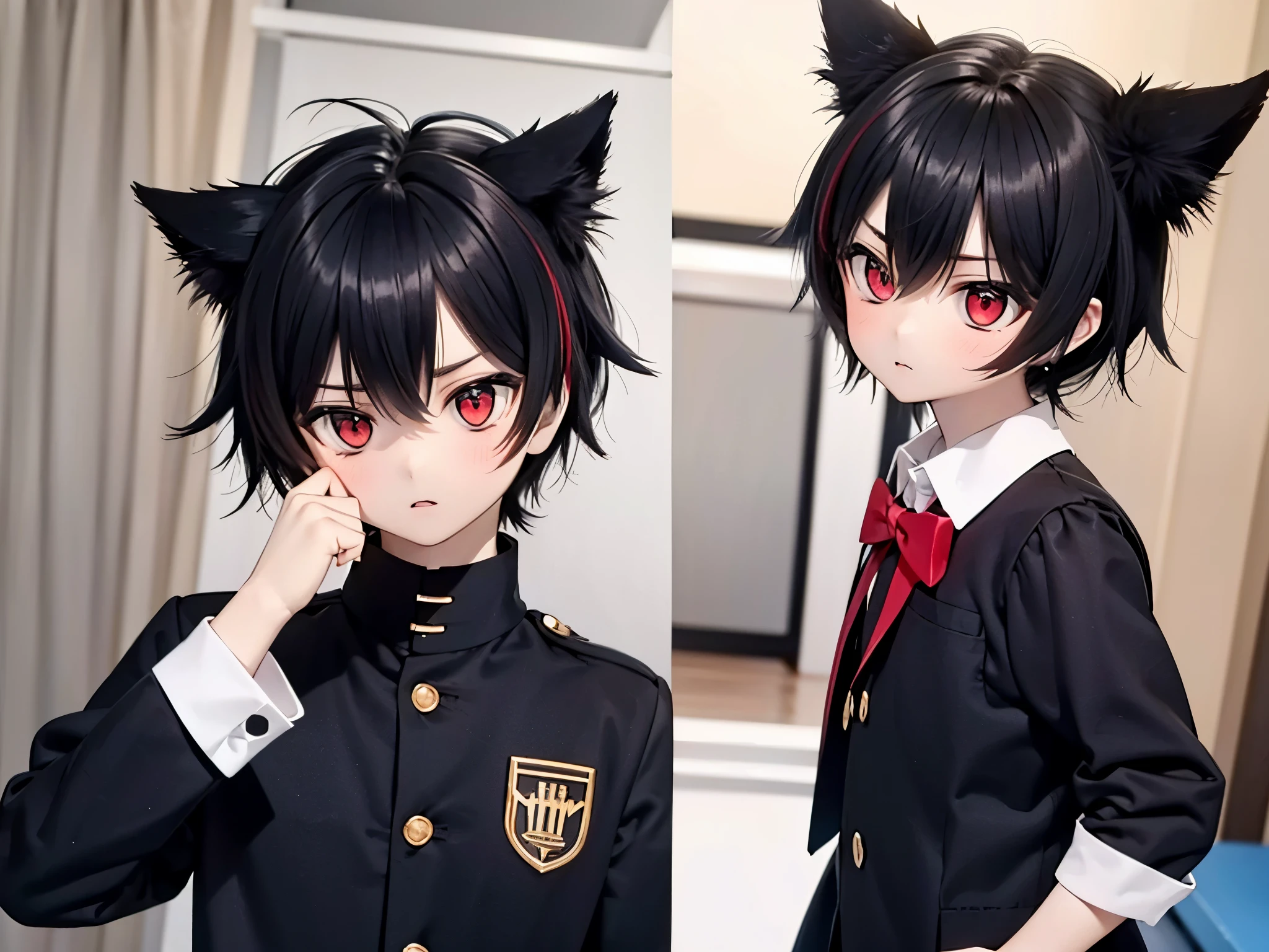 A boy,black hair,bright red eyes,wearing school uniform,upper body,cute face,cat ears and tail,annoyed expression,classroom setting,looking at the viewers,(best quality) 