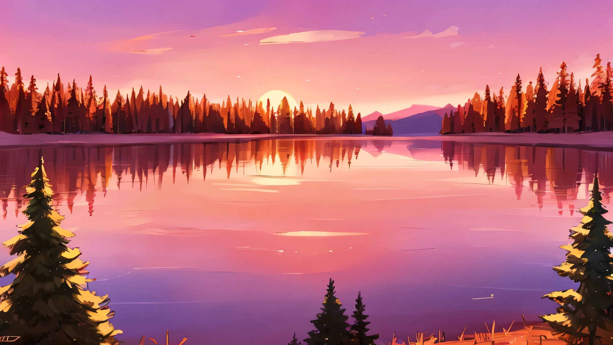 By bebebebebe, by lostgoose, by goonie-san, beautiful autumn landscape, sunset, gorgeous landscape, purple sky, red sky, orange sky, pink sky, multicolored sky, big lake, spruce trees, impressionism,