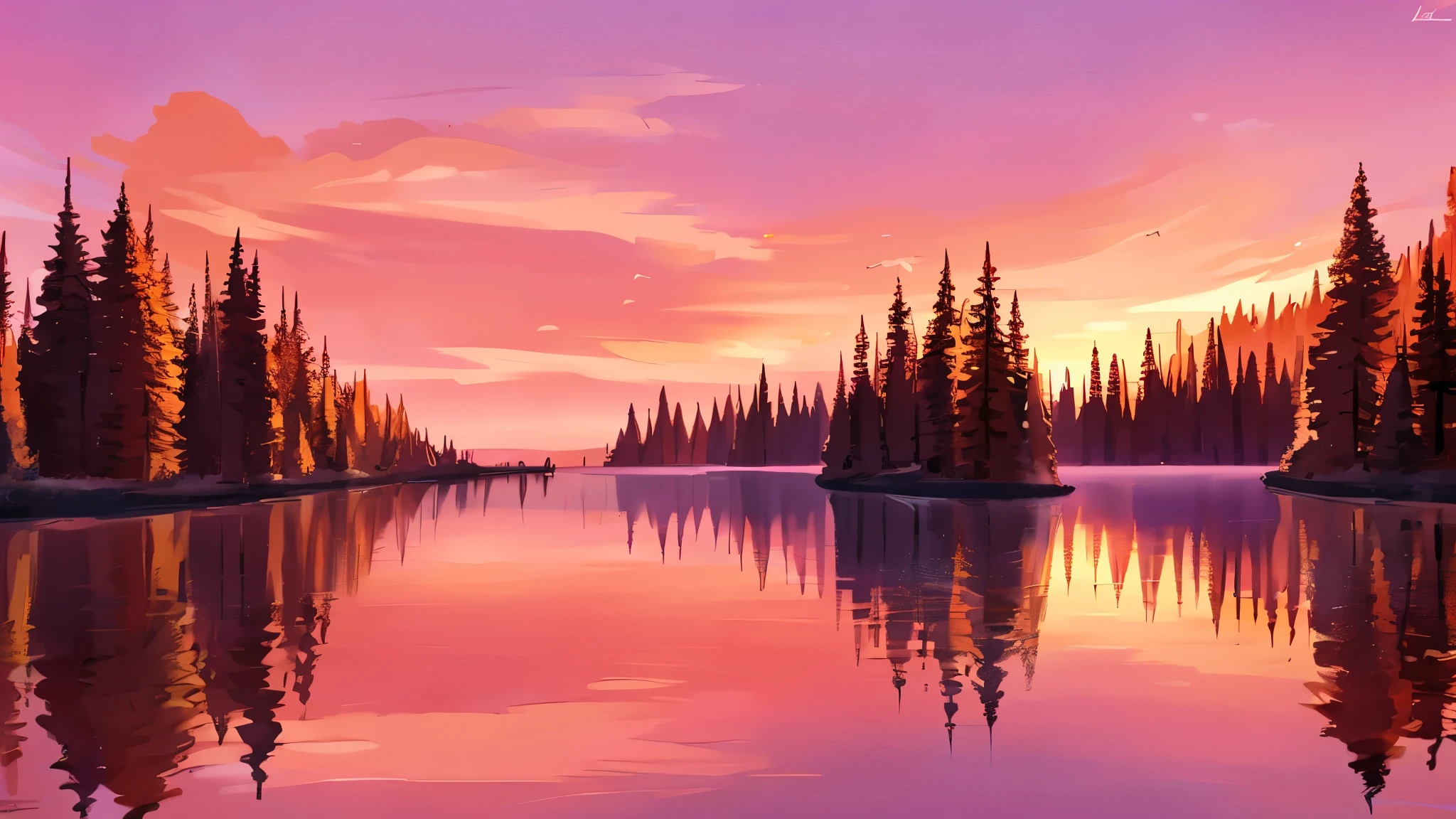 By bebebebebe, by lostgoose, by goonie-san, beautiful autumn landscape, sunset, gorgeous landscape, purple sky, red sky, orange sky, pink sky, multicolored sky, big lake, spruce trees, impressionism,