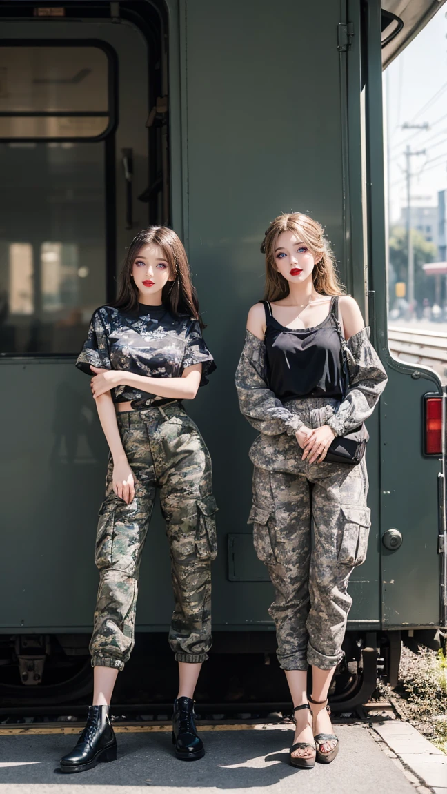 a girl and two girls wearing the camo pants, in the style of 32k uhd, emek golan, feminine body, simple, full body, hard-edge style, soft-edged three women in camo tops and pants, in the style of sanriocore, 32k uhd, nostalgic mood, metal, dignified poses, nabis, stylish three women modeling camouflage camies with tanks, in the style of cargopunk, high quality, haifa zangana, cottagecore, hard-edged lines, aykut aydogdu, traincore three young women are posing in camouflage clothing, in the style of thin steel forms, 32k uhd, whitcomb-girls, ferrania p30, y2k aesthetic, war photography, traincore 