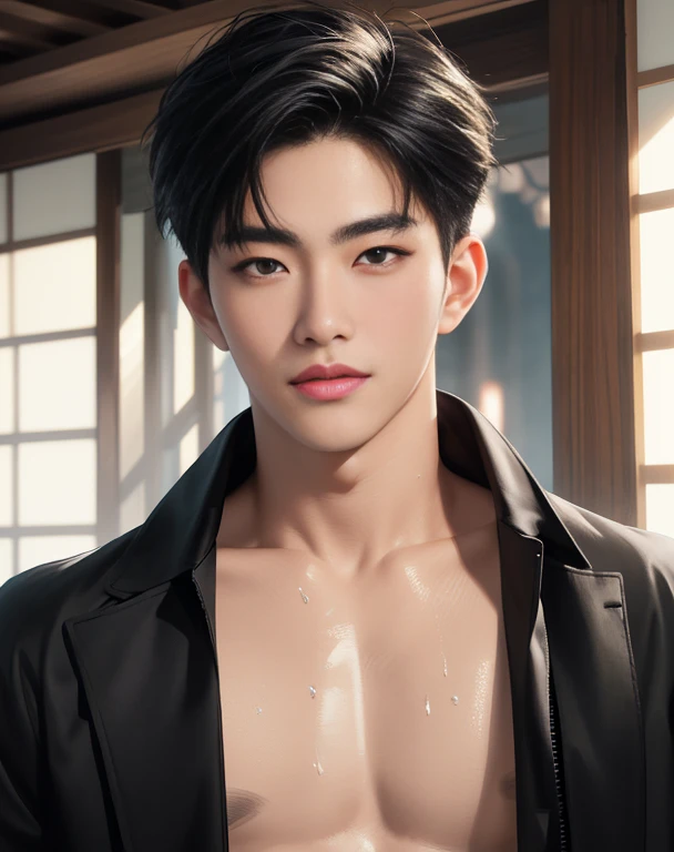 ((High quality)), ((masterpiece)), ((highly detailed)), perfect face, realistic, ((man)), ((Asian)), young, black hair, comma hair cut style, ((handsome)), detailed eyes, beautiful detailed nose, realistic body, realistic light, comfortable expressions, cute guy, sweat guy, cool guy, mascular body, shirtless