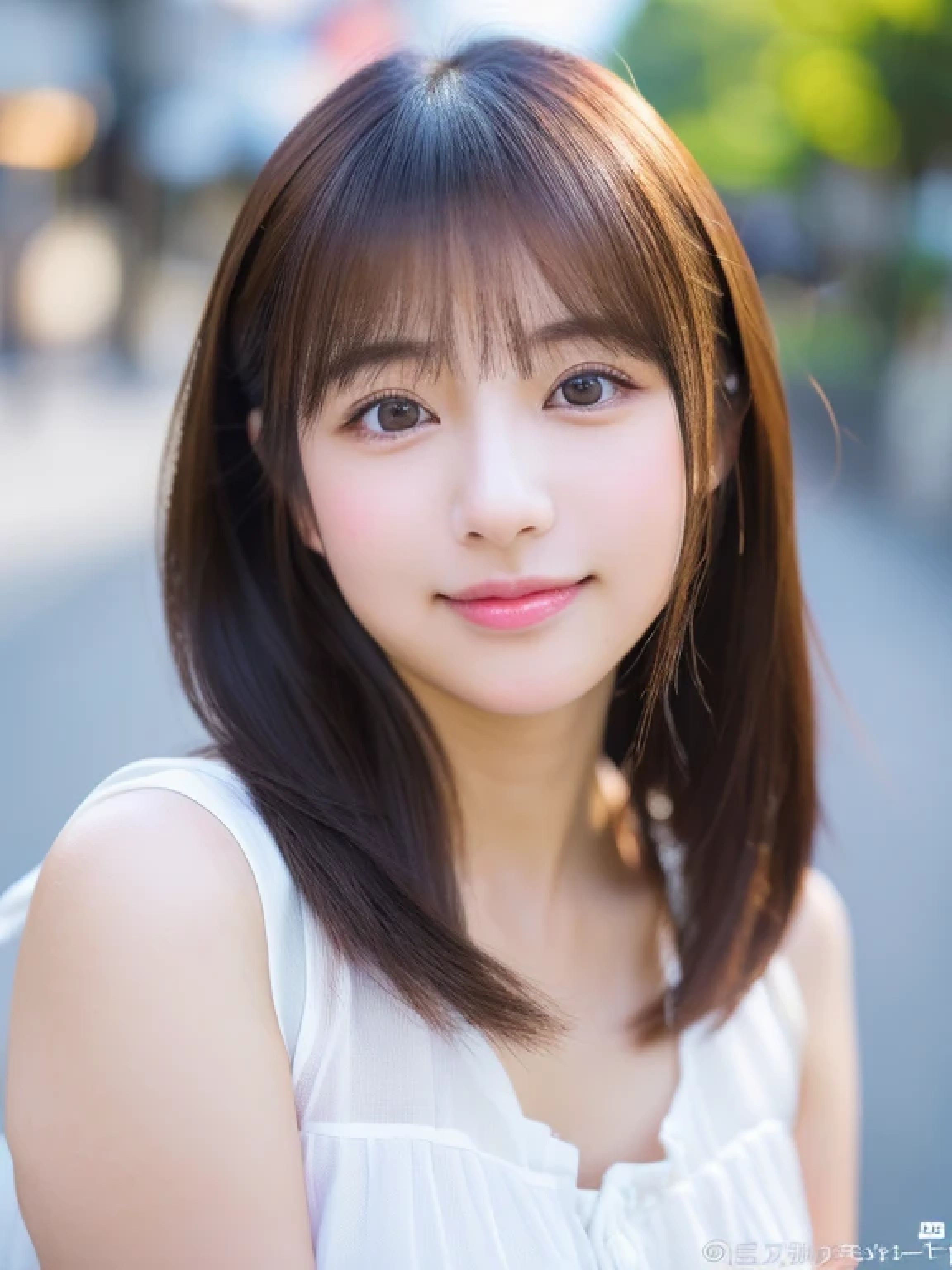 ((cute日本の女の子、beautiful japanese girl、1 girl、clear、19 years old、ponytail、Highly detailed face and skin texture、refinement、super detailed face、highly detailed eyes、Lee Hong、blush、cheek、ピンクのcheekを塗ったcheek、close-up of woman、 from the neck up、 Close to the camera、 positive face、Forward-facing body、look at the camera、front、cute、smooth white skin、Transparent skin texture、))、(dark brown hair、bangs)、beautiful woman with perfect style:1.4、japanese model、young gravure idol、若いcuteグラビアアイドル、Realistic young gravure idol、refinementされたグラビアアイドル、((highest quality、8K、masterpiece:1.3、1photograph))、(4K、RAWphotograph、highest quality)、(realistic、フォトrealistic:1.37)、Place someone on the other side of the screen、Natural light、professional lighting、
