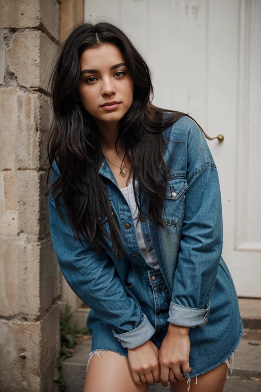 Genera una imagen de una joven americana con un estilo moderno y atractivo. Su cabello es negro y cae en suaves ondas alrededor de sus hombros. Sus ojos son de un azul penetrante y expresan confianza y encanto. La chica lleva puesta una elegante y a la moda ropa, que realza su atractivo natural. Captura la esencia de la juventud, la moda y la belleza en esta imagen.