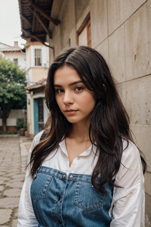 Genera una imagen de una joven americana con un estilo moderno y atractivo. Su cabello es negro y cae en suaves ondas alrededor de sus hombros. Sus ojos son de un azul penetrante y expresan confianza y encanto. La chica lleva puesta una elegante y a la moda ropa, que realza su atractivo natural. Captura la esencia de la juventud, la moda y la belleza en esta imagen.