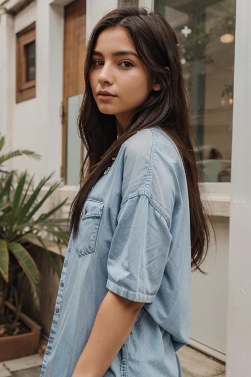 Genera una imagen de una joven americana con un estilo moderno y atractivo. Su cabello es negro y cae en suaves ondas alrededor de sus hombros. Sus ojos son de un azul penetrante y expresan confianza y encanto. La chica lleva puesta una elegante y a la moda ropa, que realza su atractivo natural. Captura la esencia de la juventud, la moda y la belleza en esta imagen.
