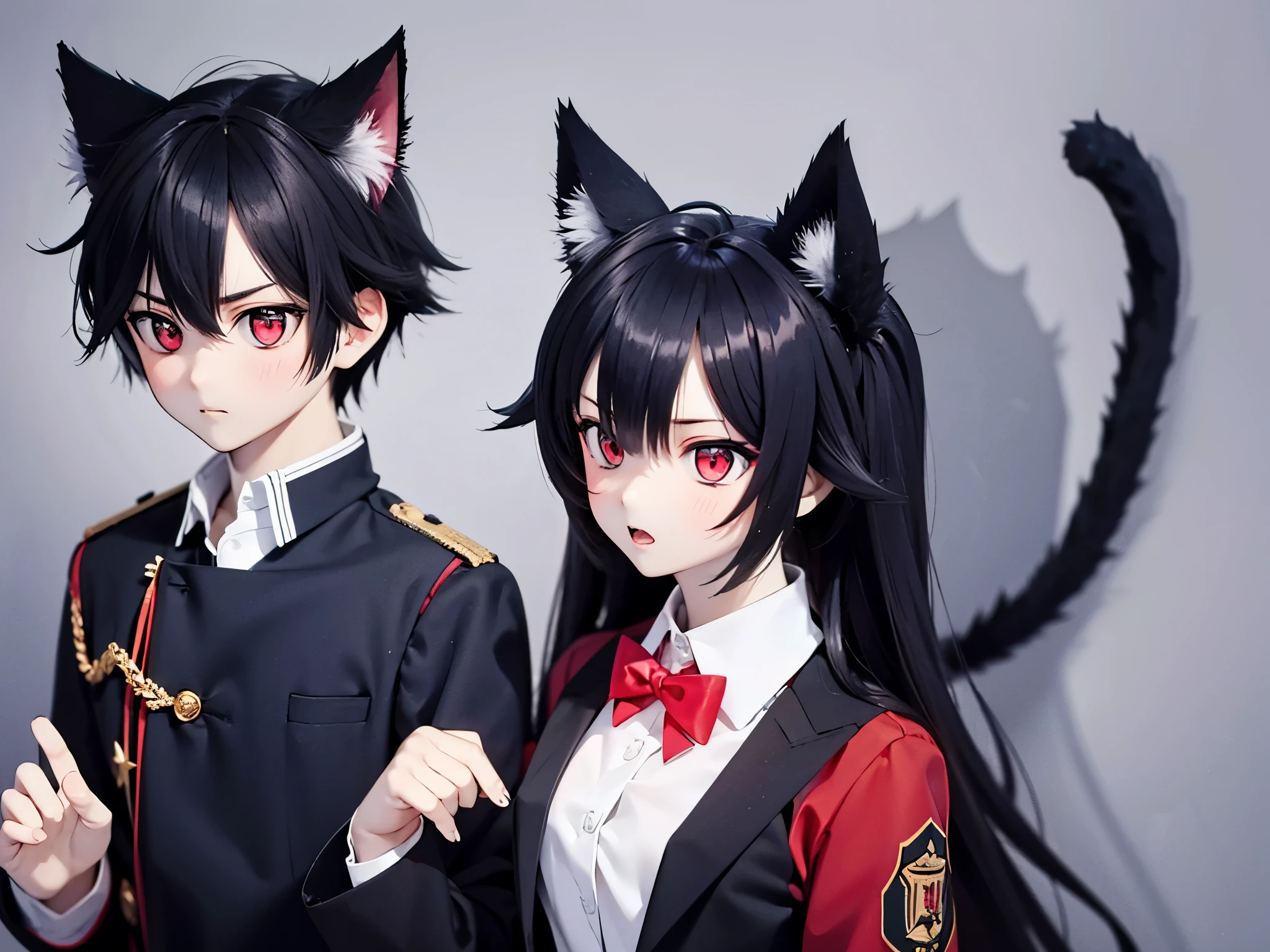 A boy,black hair,bright red eyes,wearing school uniform,upper body,cute face,cat ears and tail,annoyed expression,classroom setting,looking at the viewers,(best quality) 