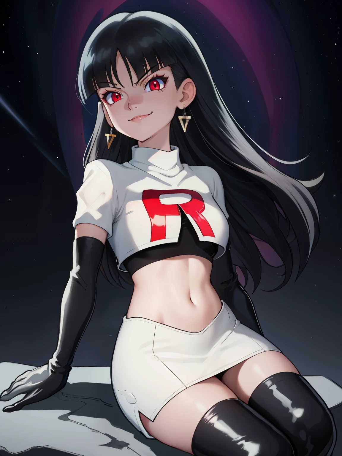 SabrinaPKMN, black hair ,glossy lips, earings ,team rocket uniform, red letter R, white skirt,white crop top,black thigh-high boots, black elbow gloves, closed mouth, evil smile, looking down on viewer, sitting down ,legs crossed, night sky background