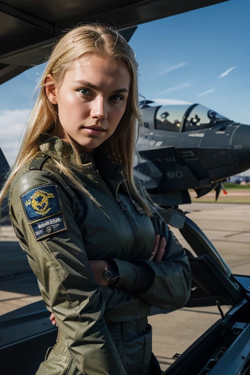 Beautiful young girl, slender, perfect face, perfect skin, blonde, Nordic, military pilot uniform, next to an f17 fighter plane, very realistic, photographic appearance, very detailed, RAW style.