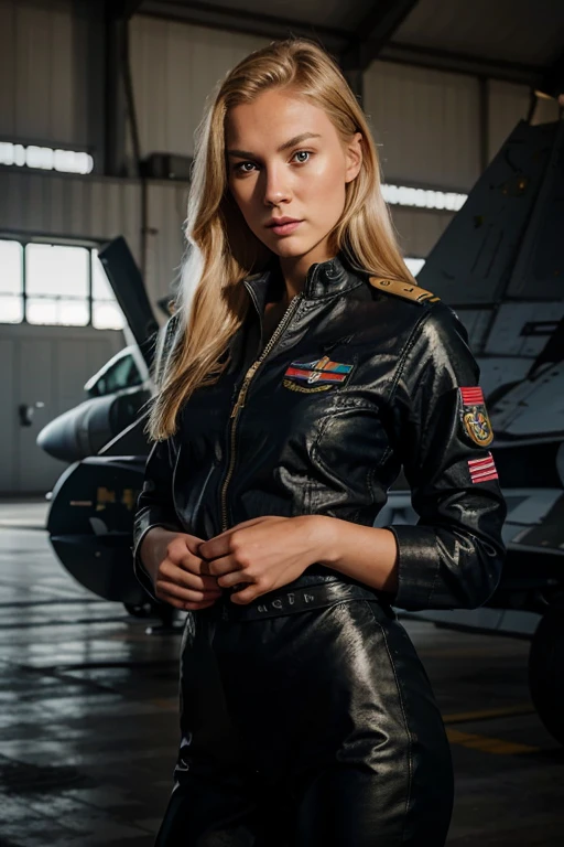 Beautiful young girl, slender, perfect face, perfect skin, blonde, Nordic, military pilot uniform, next to an f17 fighter plane, very realistic, photographic appearance, very detailed, RAW style.
