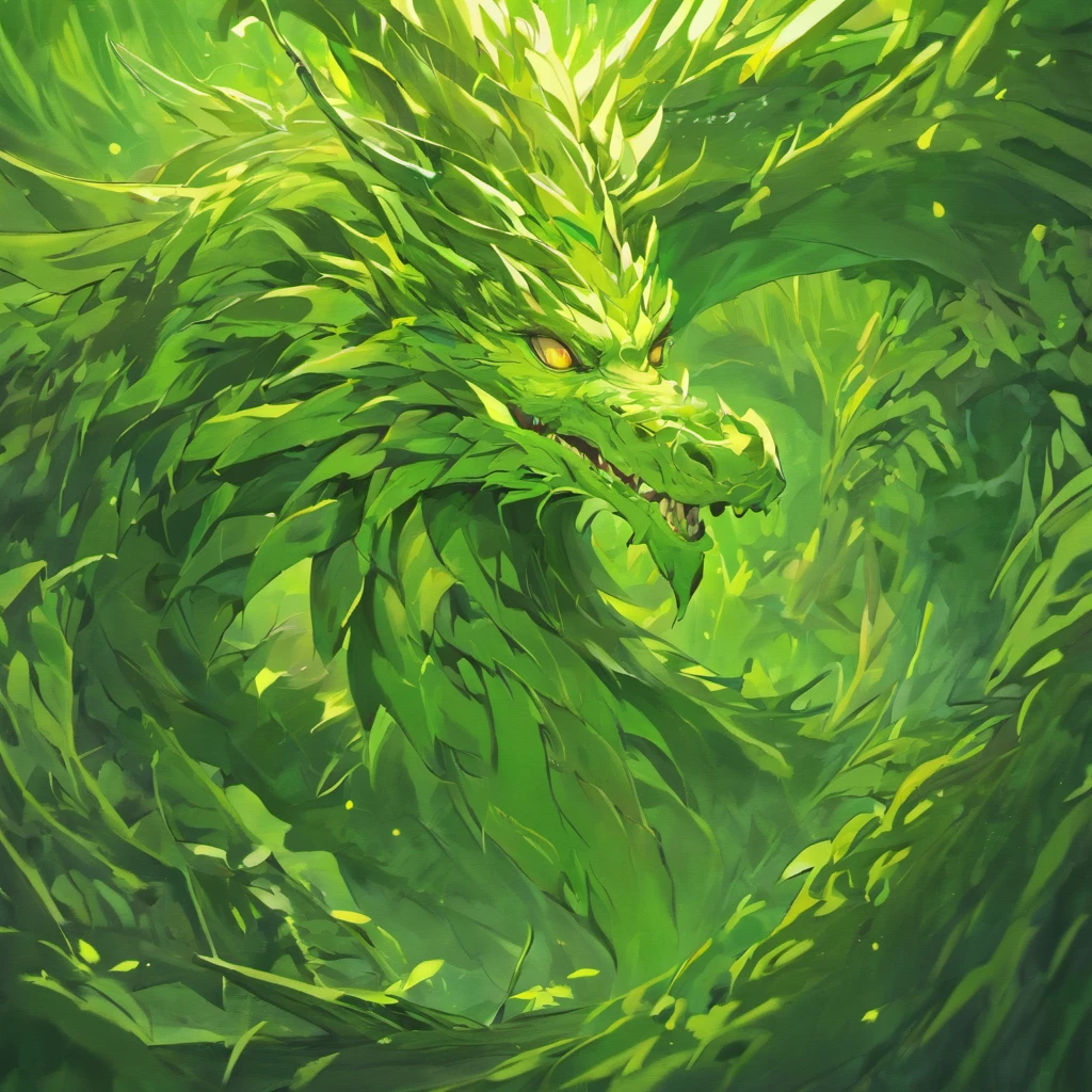 Wood dragon,green,brown,burly,Plant roots growing around the body,Detailed character details