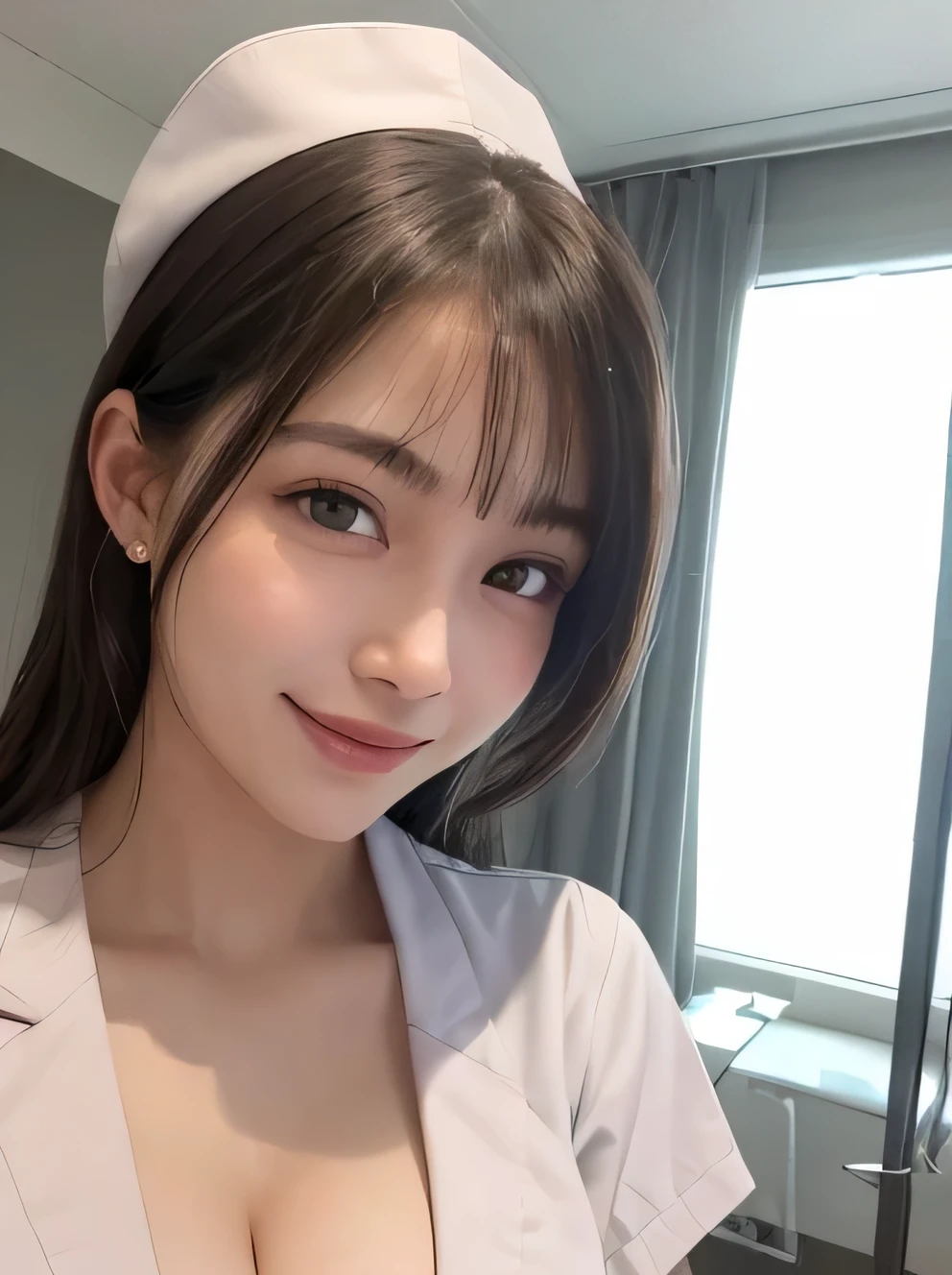 born, 8K, photo-realistic, highest quality, shape, detailed face, High resolution, 8K wallpaper, perfect dinamic shape, 1 girl, beautiful and detailed eyes, natural look, gentle expression, (White nurse attire:1.4), natural color lip, random sexy pose, (enchanting smile:1.2), erotic feelings, charming smile, 20-year-old, big breasts, (cleavage:1.3), looking at the viewer, hospital, examination room at hospital,