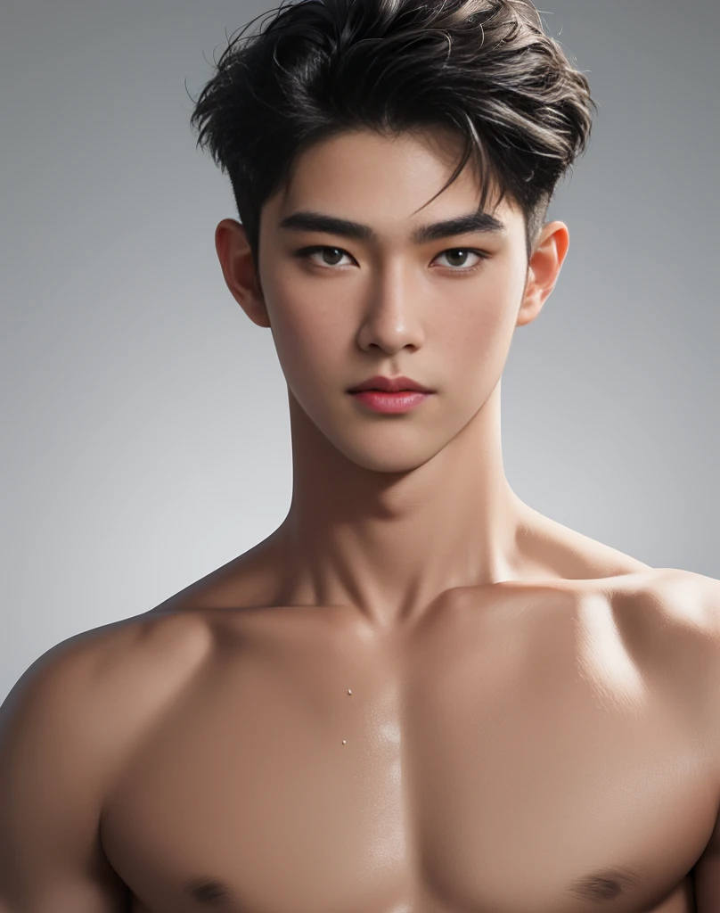 ((High quality)), ((masterpiece)), ((highly detailed)), perfect face, realistic, ((man)), ((Asian)), young, black hair, comma hair cut style, ((handsome)), detailed eyes, beautiful detailed nose, realistic body, realistic light, comfortable expressions, cute guy, sweat guy, cool guy, mascular body, shirtless