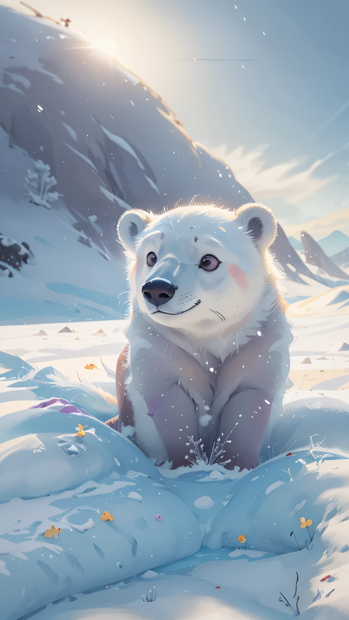 On the Arctic ice sheet,1 pcs,Cute polar bear,Play in the snow,play with partners,front view,close up, Pixar style, best quality, stills, very cute, big eyes, ,, Very happy,high details, high quality, masterpiece, ccurate, super detail,