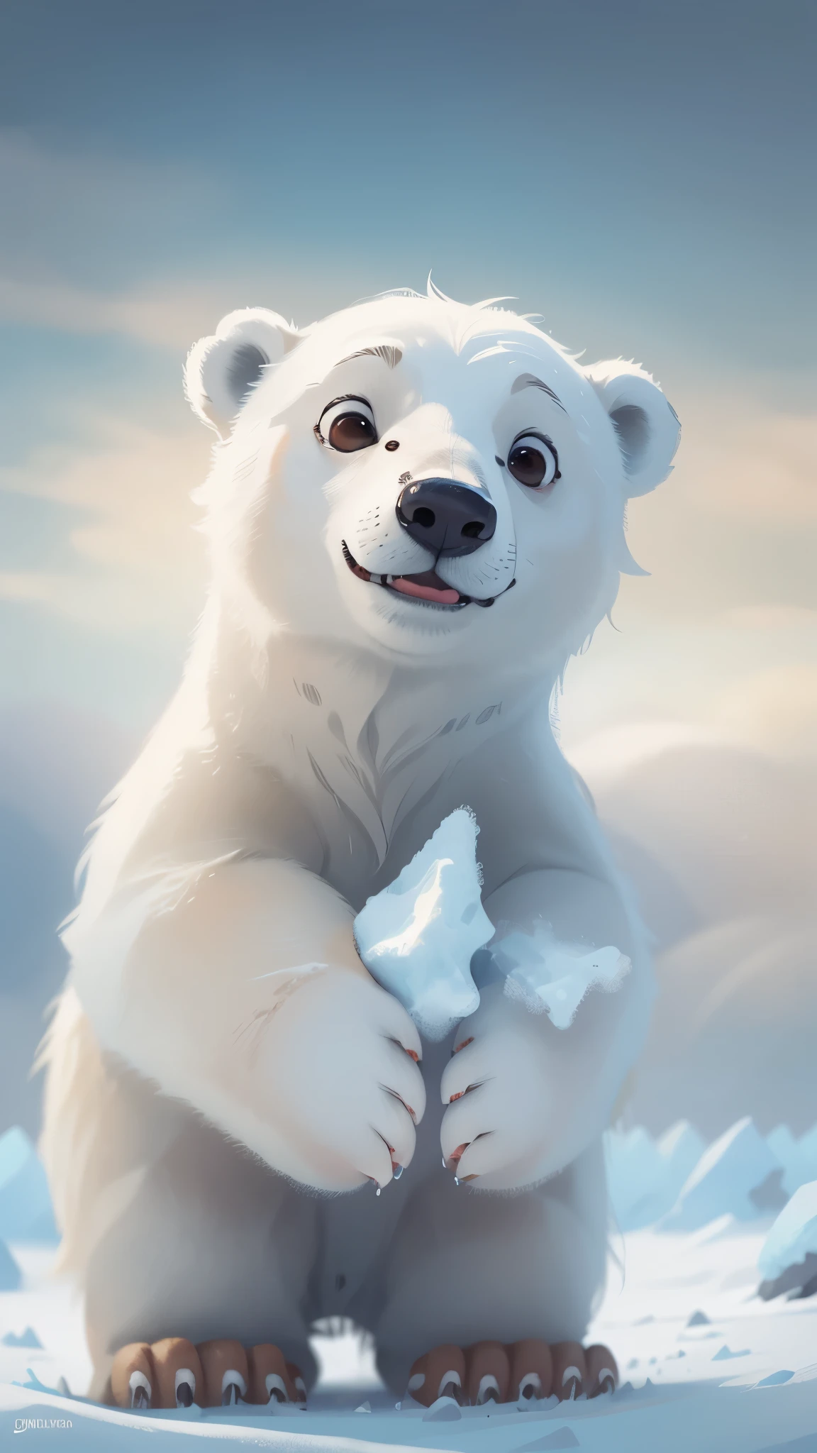 On the Arctic ice sheet，Cute polar bear，Play in the snow，play with partners，front view，close up, Pixar style, best quality, stills, very cute, big eyes,   ，,  Very happy，high details, high quality, masterpiece, ccurate, super detail，