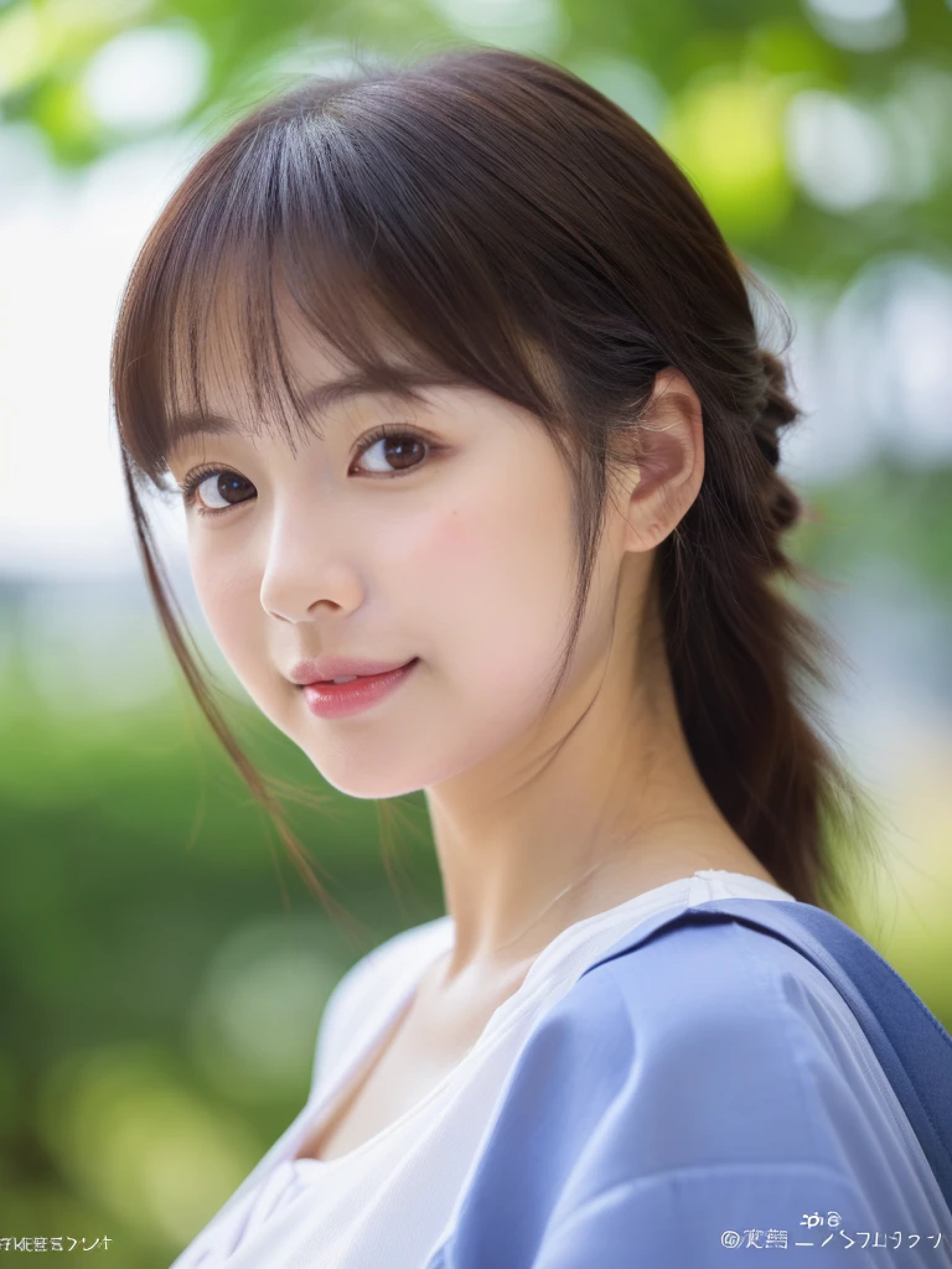((cute日本の女の子、beautiful japanese girl、1 girl、clear、19 years old、ponytail、Highly detailed face and skin texture、refinement、super detailed face、highly detailed eyes、Lee Hong、blush、cheek、ピンクのcheekを塗ったcheek、close-up of woman、 from the neck up、 Close to the camera、 positive face、Forward-facing body、look at the camera、front、cute、smooth white skin、Transparent skin texture、))、(dark brown hair、bangs)、beautiful woman with perfect style:1.4、japanese model、young gravure idol、若いcuteグラビアアイドル、Realistic young gravure idol、refinementされたグラビアアイドル、((highest quality、8K、masterpiece:1.3、1photograph))、(4K、RAWphotograph、highest quality)、(realistic、フォトrealistic:1.37)、Place someone on the other side of the screen、Natural light、professional lighting、