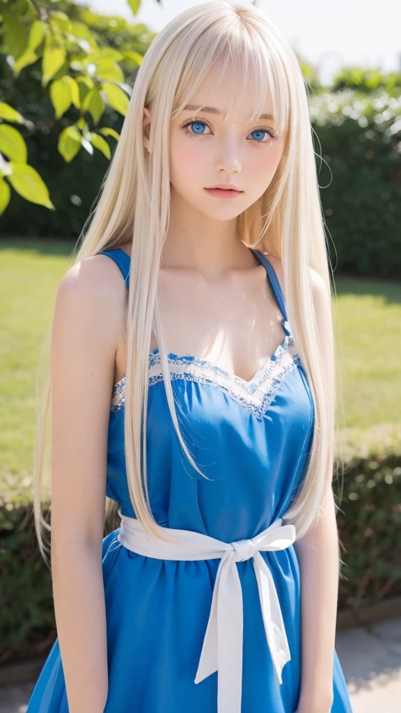 Portrait、Alice in Wonderland、The blue and wide sky、bright and beautiful face、Young, shiny, white, glossy skin、best beauty、Platinum blonde hair with dazzling highlights、thin hair、beautiful long back hair that is very straight,,,,、super long silky straight hair、Shining beautiful bangs、Glowing crystal clear big blue eyes、very beautiful lovely 16 year old beautiful girl、white apron、Blue Dress