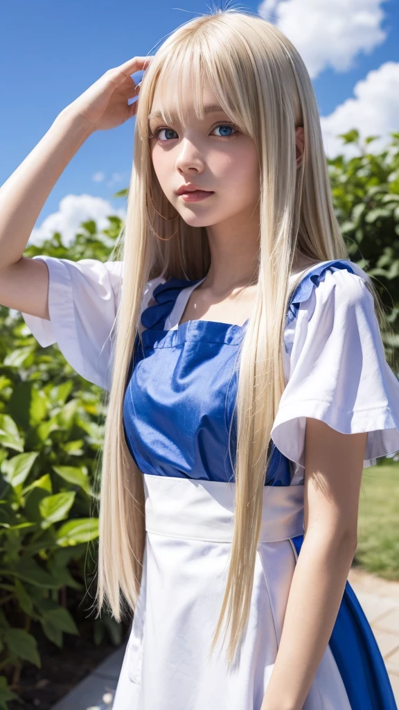 Portrait、Alice in Wonderland、The blue and wide sky、bright and beautiful face、Young, shiny, white, glossy skin、best beauty、Platinum blonde hair with dazzling highlights、thin hair、beautiful long back hair that is very straight,,,,、super long silky straight hair、Shining beautiful bangs、Glowing crystal clear big blue eyes、very beautiful lovely 16 year old beautiful girl、white apron、Blue Dress