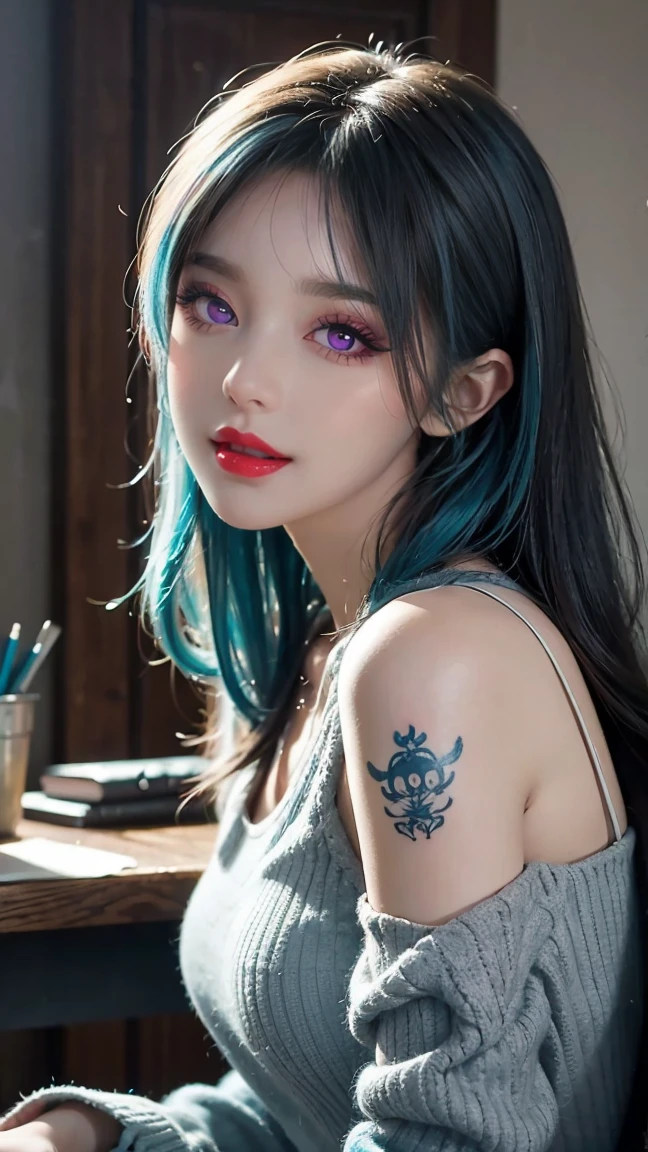 anime character at office with blue hair sitting with tattoo on her, in the style of hyper-realistic oil, 2d game art, light magenta and dark gray, detailed facial features, snailcore, sky-blue, realistic figures final fantasy 13 heroine and her dandruff, in the style of digital illustration, gray and cyan, charming realism, charming character illustrations, emphasizes emotion over realism, 8k, vibrant cartoonish a girl wearing a blue outfit smiling in front of a desk with other things around, in the style of artgerm, pastel gothic, charming anime characters, light gray and dark crimson, intense close-ups, hugues merle, 8k rae, in the style of realistic hyper-detailed rendering, charming anime characters, hugues merle, gray and cyan, speedpainting, unicorncore, low depth of field