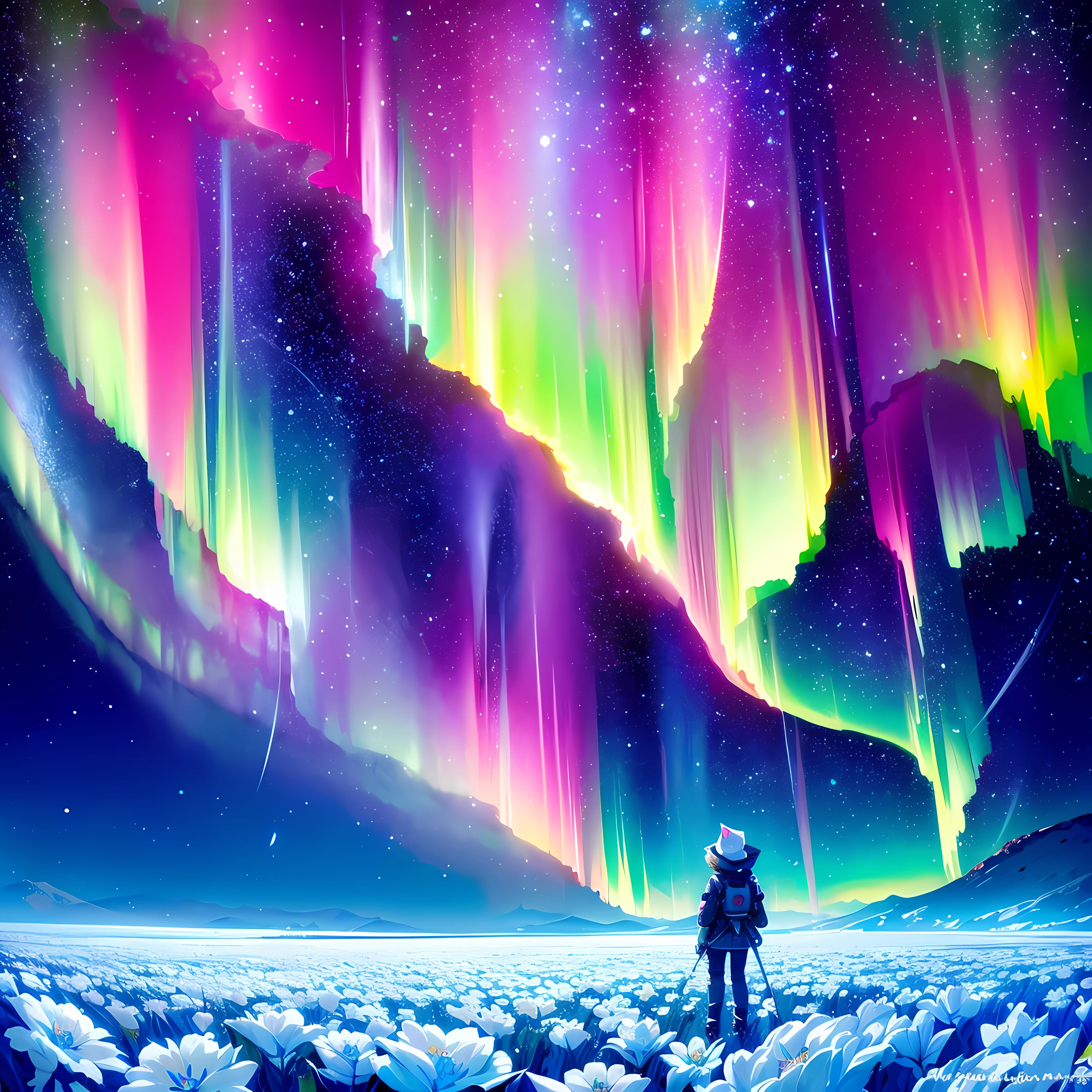 tmasterpiece, Neon stars, Around the flowers,truth, expecting, Depth-of-fie, insight, Understood, mont, Lush translucent clouds of the Milky Way, spectrum, in a panoramic view, Star cycle, cycle, portal, Mare, extreme light, The Global Northern Lights