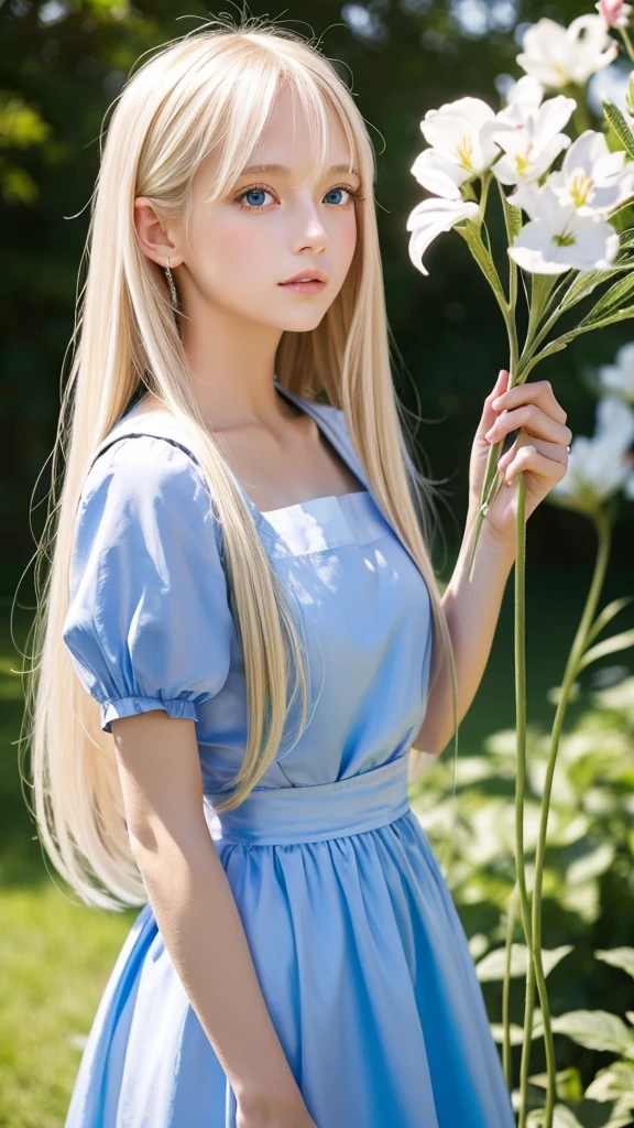 Portrait、Alice in Wonderland、The blue and wide sky、bright and beautiful face、Young, shiny, white, glossy skin、best beauty、Platinum blonde hair with dazzling highlights、thin hair、beautiful long back hair that is very straight,,,,、super long silky straight hair、Shining beautiful bangs、Glowing crystal clear big blue eyes、very beautiful lovely 16 year old beautiful girl、white apron、Blue Dress