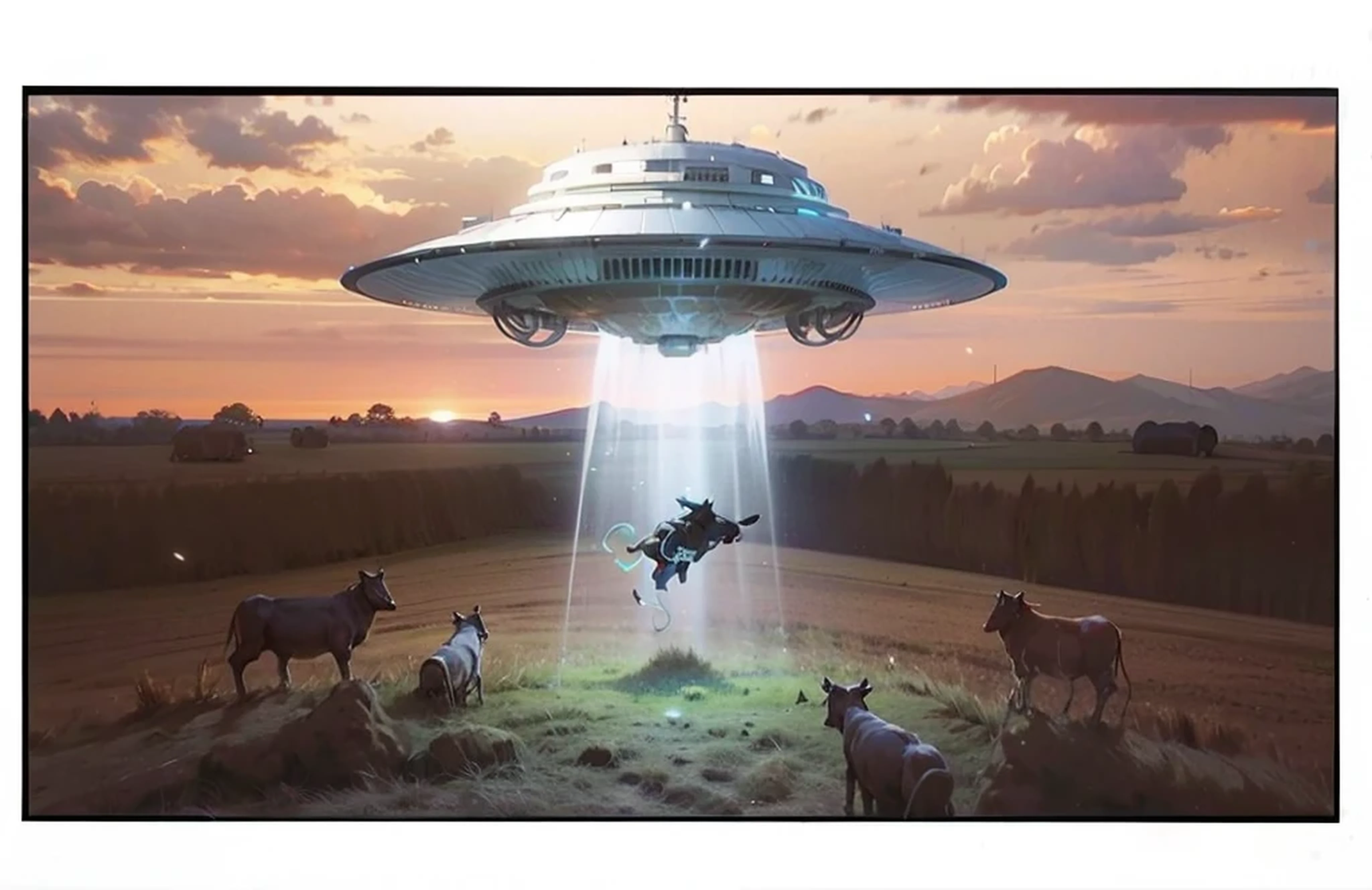 (masterpiece, Best Quality, realistic), (photo realistic:1.37), (Shiny skin), (UHD, 8K wallpaper, High resolution), perfect anatomy, (well drawn hands and fingers), Cinematic Lighting, Physically-based rendering, very_high_resolution, particles, light beam, chromatic aberration, extremely detailed skin, alien flying saucer, beaming cow up to the ship, cows in field, 4 cows watching, dramatic, dark, comedy,