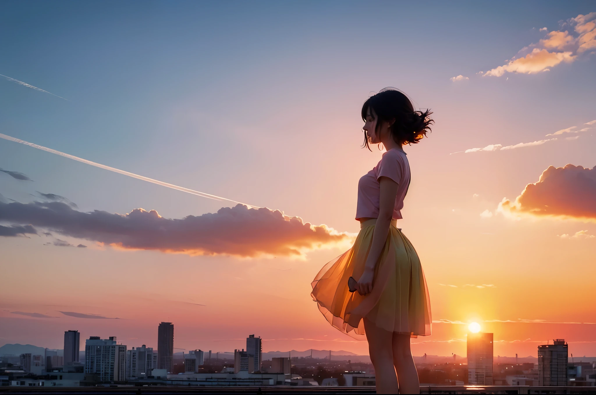 ((soft pink cloud yellow、orange、Mingle to fill the sky))、Beautiful city background at sunrise、((Silhouette of a standing young woman))、(The backlight makes the silhouette of your body stand out),beautiful scenery painting