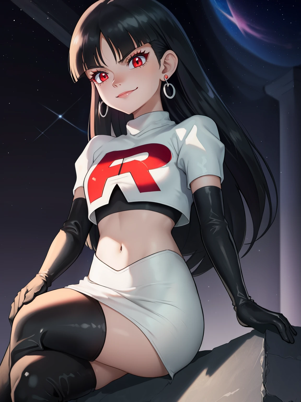 SabrinaPKMN, black hair ,glossy lips, earings ,team rocket uniform, red letter R, white skirt,white crop top,black thigh-high boots, black elbow gloves, closed mouth, evil smile, looking down on viewer, sitting down ,legs crossed, night sky background