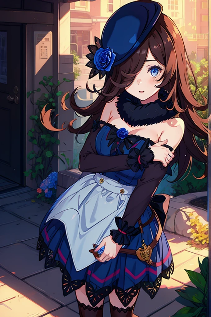 1 girl, R1CE SH0WER, hair above one eye,  fur collar, Brown Thighhighs, hat flower, blue clothes, black shoes, sheathed, arms, 