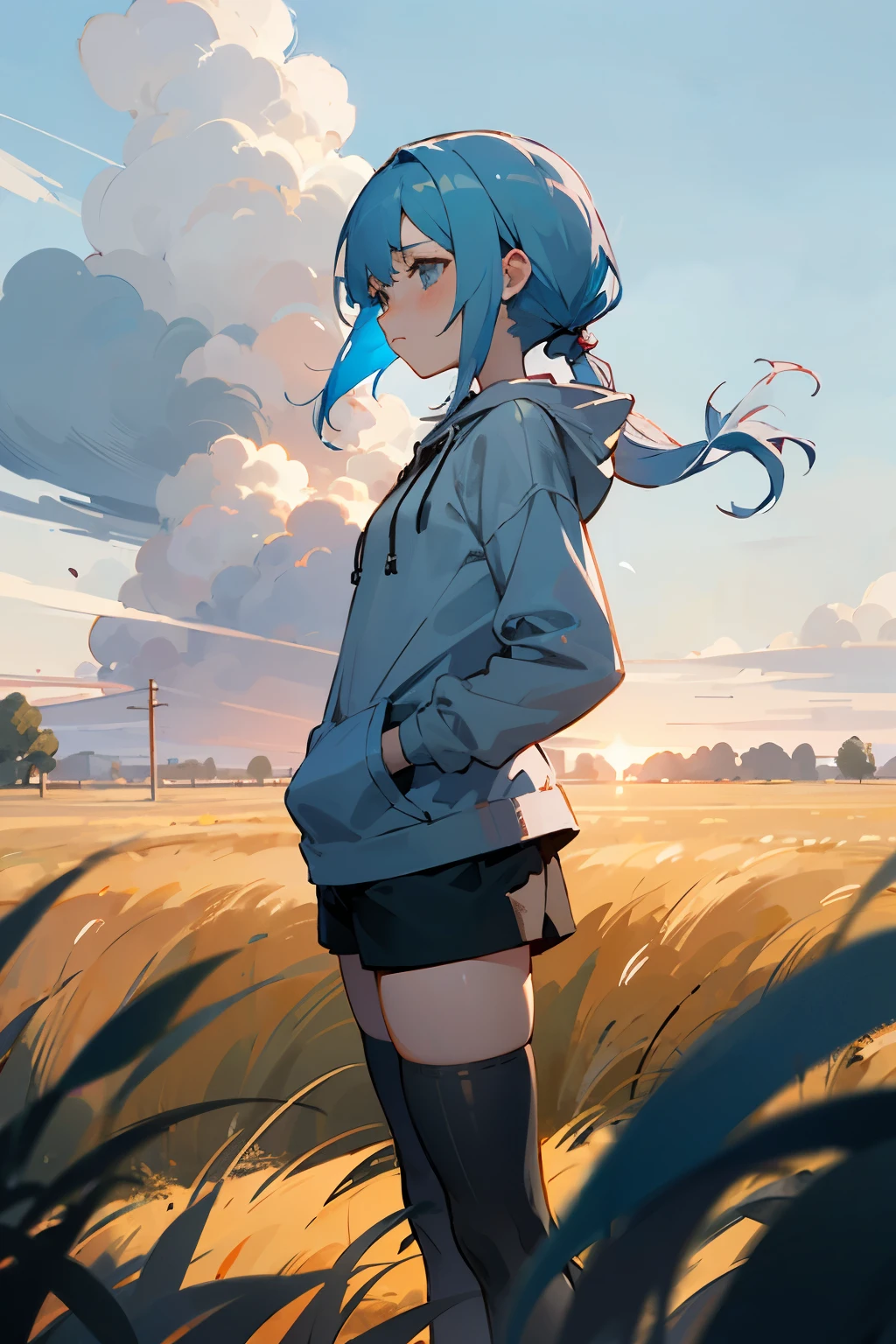 1 girl, short light blue hair with pigtails, gray light hoodie, black shorts, black thigh highs, small breast, small butt, sad and tired expresion, , outside, sunny field, anime clouds, half body, standing