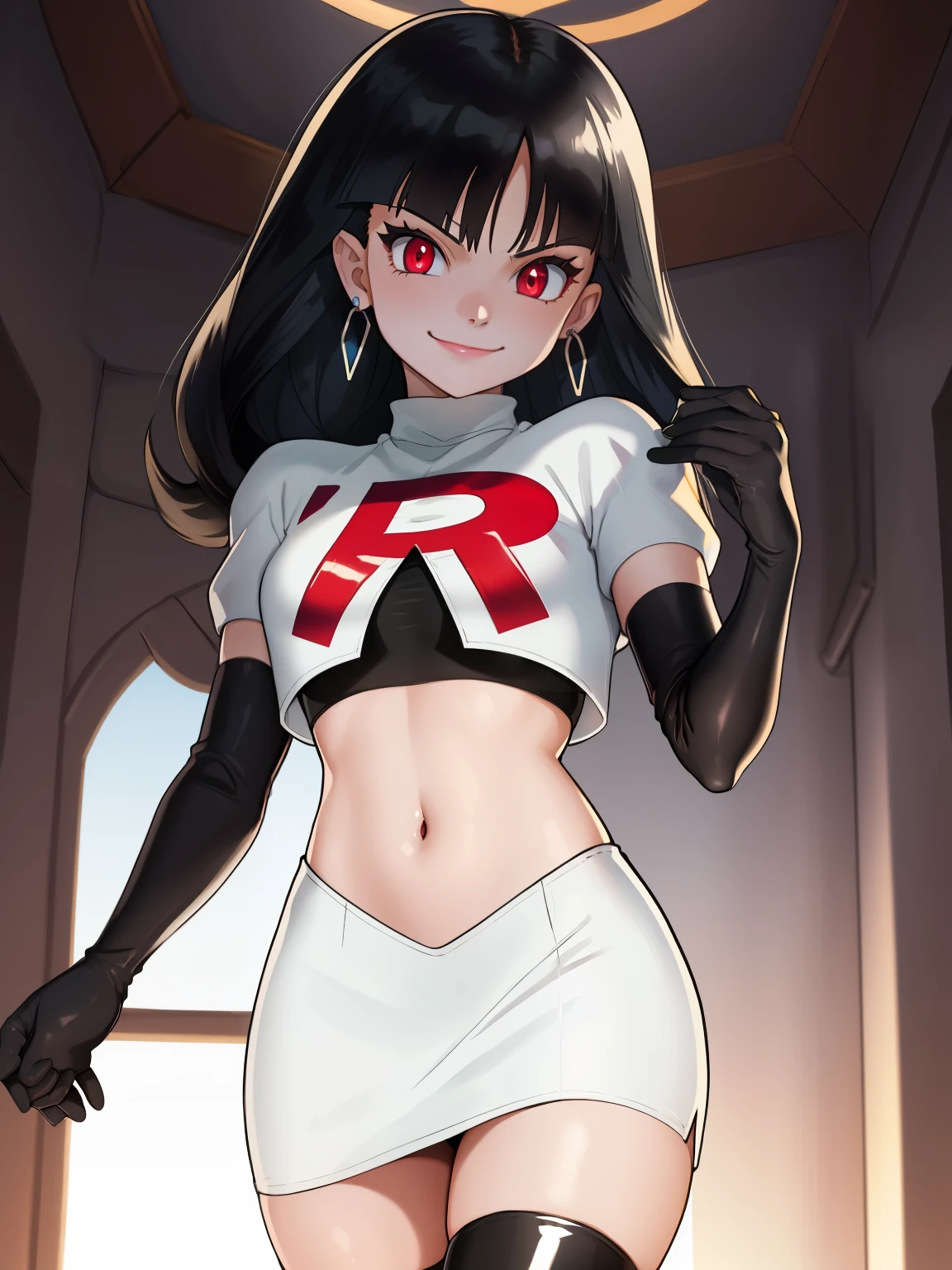 SabrinaPKMN, black hair ,glossy lips, earings ,team rocket uniform, red letter R, white skirt,white crop top,black thigh-high boots, black elbow gloves, closed mouth, evil smile, 