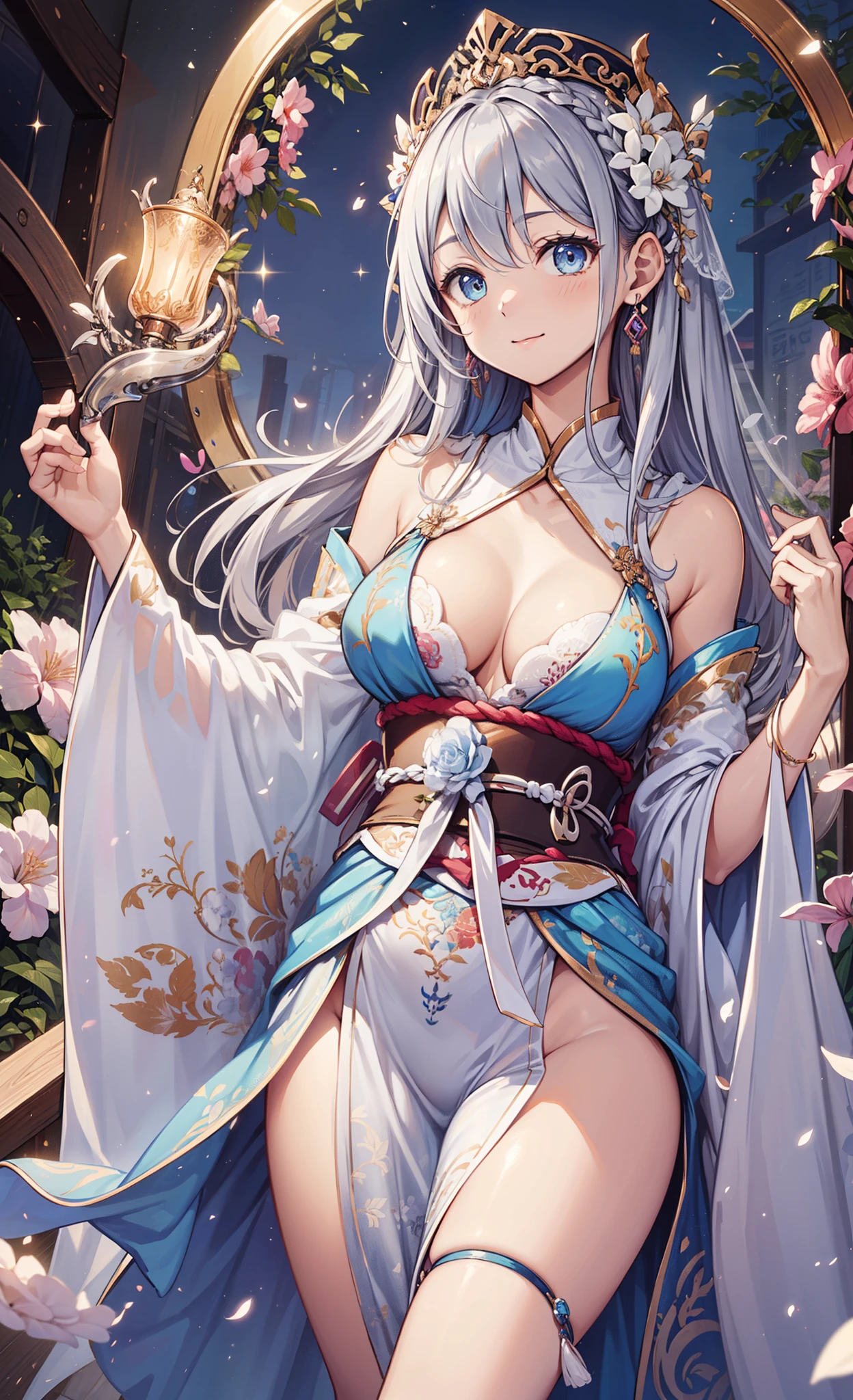(award winning, high quality, best quality, super detail, high details, anatomically correct),girl,Enchanted,Divine happiness,Being in love,(Silver blended transparent Hanfu matching:1.2),Pink hair,blue eyes,(Fabric headdress),Maximalism,Multiple layers of delicate ruffles,Lots of lace,Multi-colored cloth,Delicate embroidery,Delicate pattern,Fabric headdress,exquisite clothing,transparent clothes,bedroom,night,sparkling,(Colorful:1.2),Lighting,night,individual,Fluttering skirt,Fix fingers,Exquisite and beautiful face