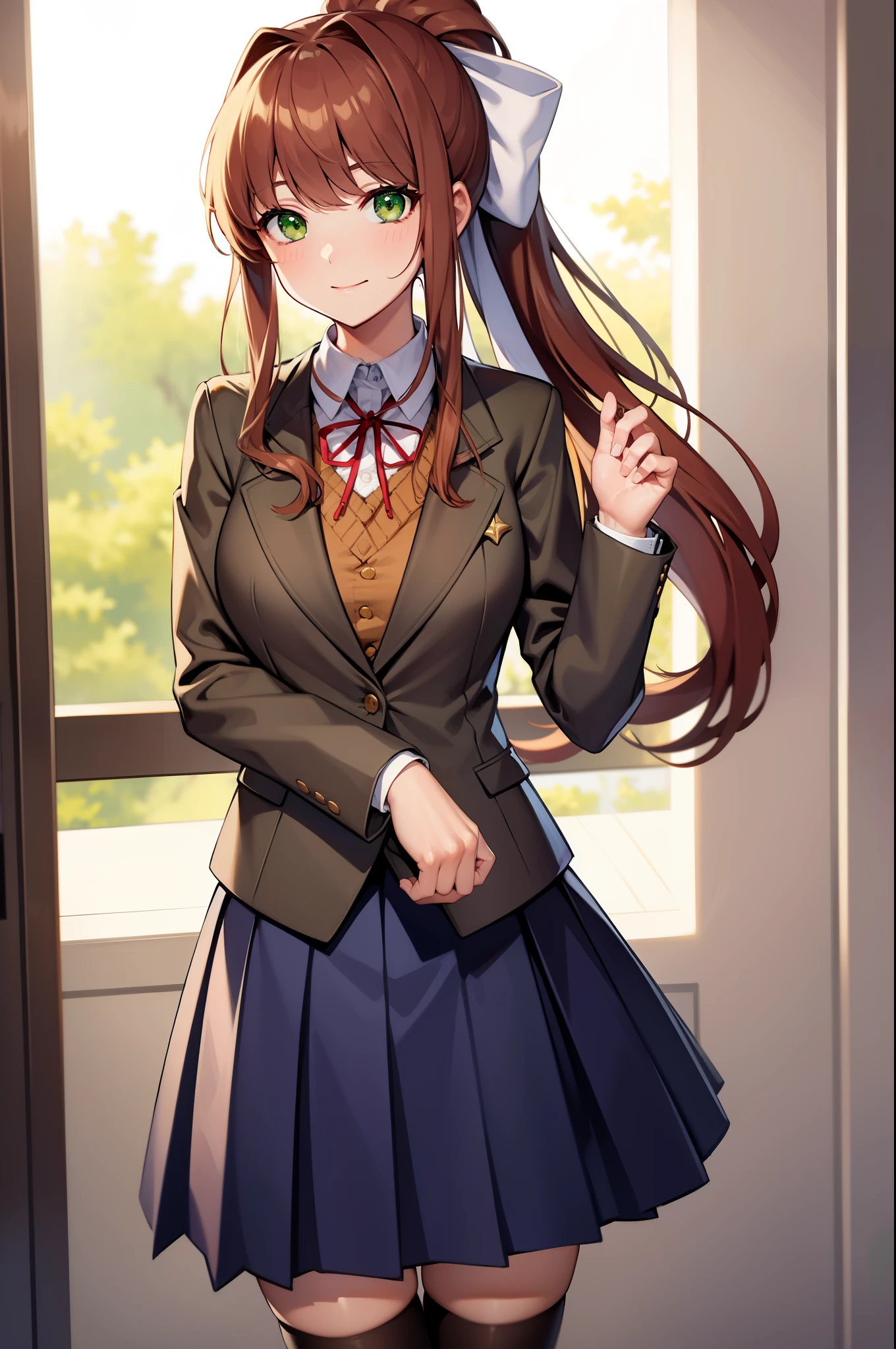 (masterpiece), best quality, expressive eyes, perfect face, highres, ddlcmonika, blunt bangs, brown hair, (green eyes:1.5), long hair, ponytail, ribbon, white ribbon, hair ribbon, sidelocks, black thighhighs, blue skirt, brown jacket, jacket, long sleeves, mary janes, over-kneehighs, pleated skirt, school uniform, shoes, skirt, thighhighs, zettai ryouiki, smiling, indoors, classroom background, standing, cowboy shot, looking at the viewer